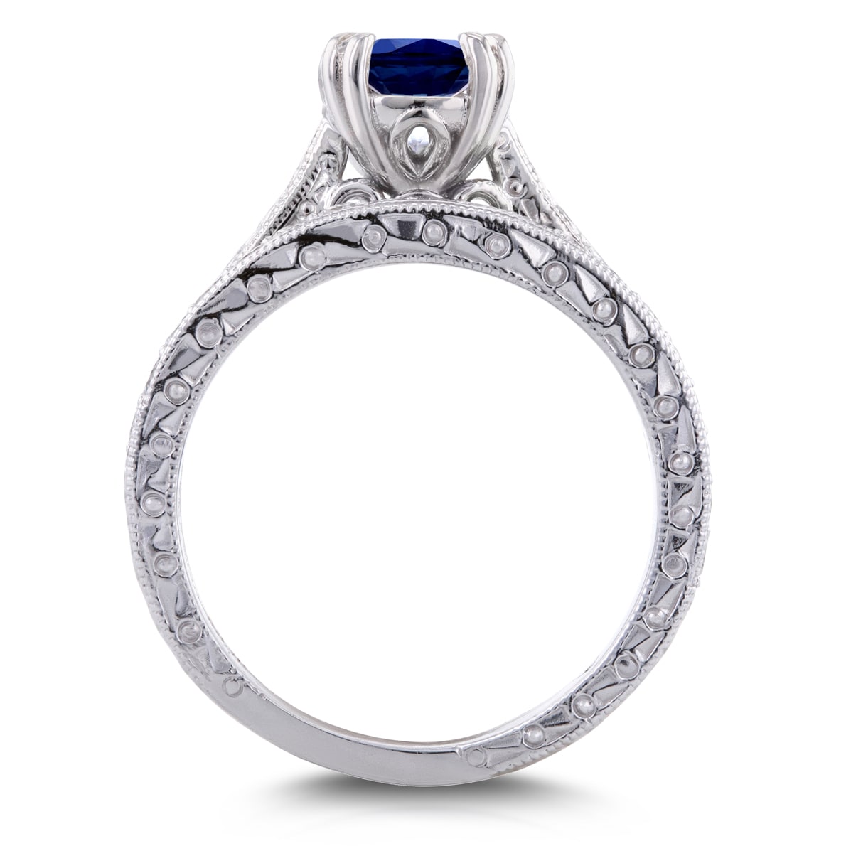 Engraved Antique Bridal Ring Set with White Gold Sapphire and 1/3ct Diamond by Yaffie