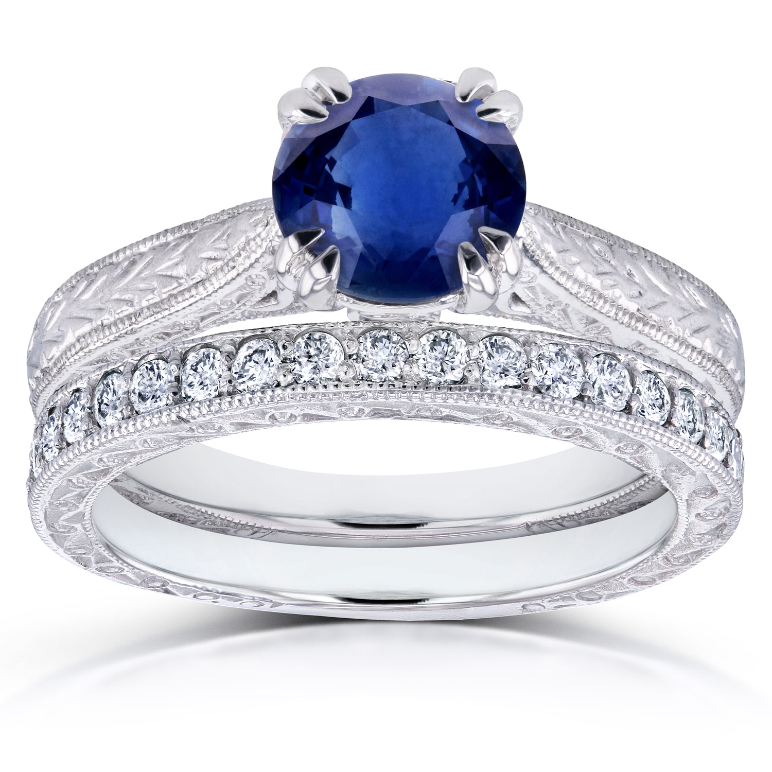Engraved Antique Bridal Ring Set with White Gold Sapphire and 1/3ct Diamond by Yaffie