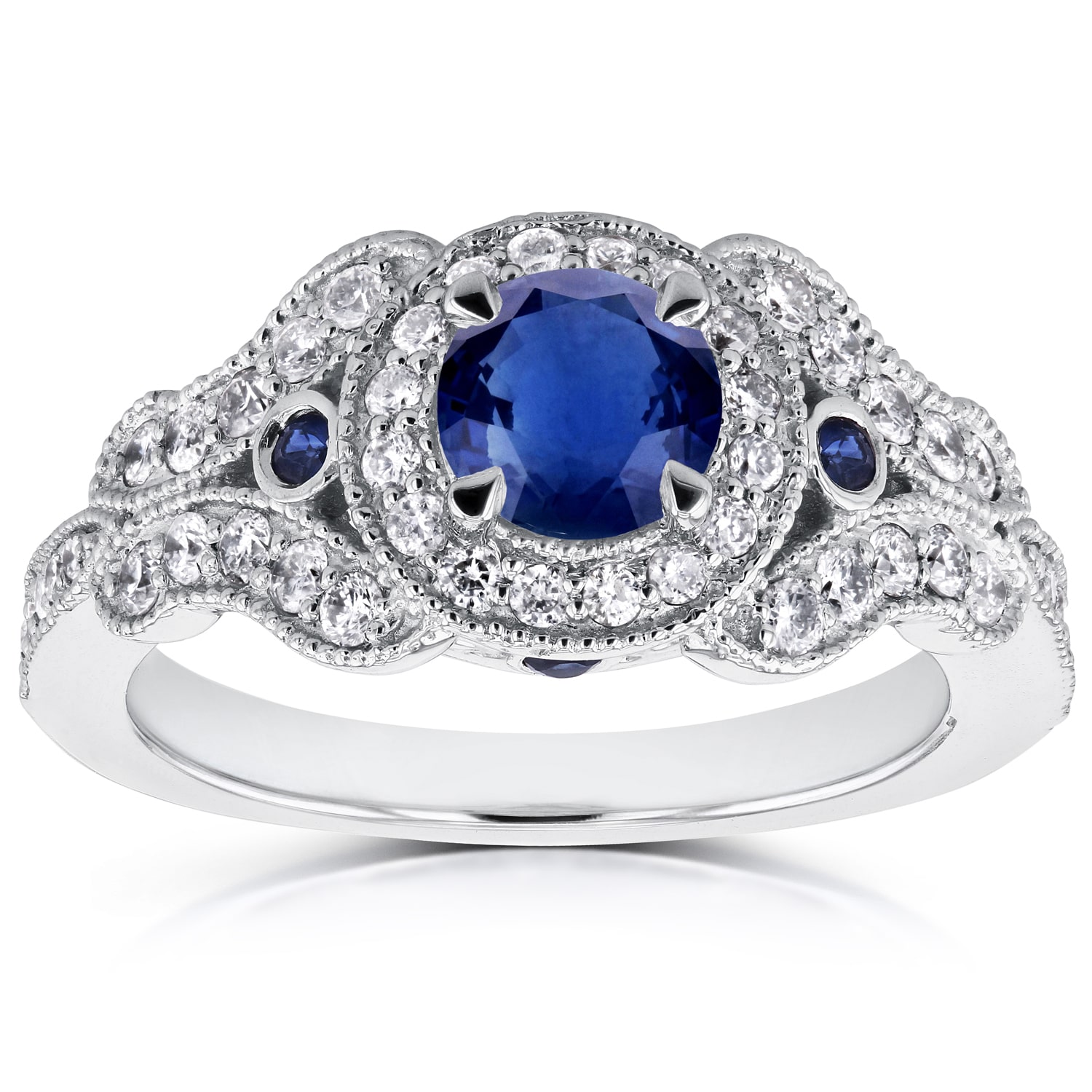 Sapphire Diamond Antique Ring with Milgrain in White Gold by Yaffie