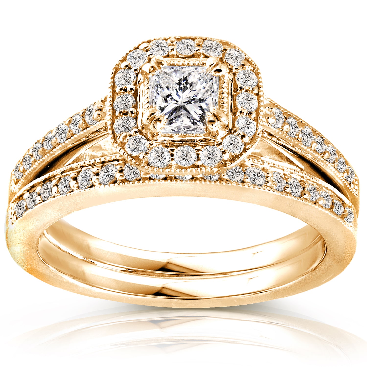Yaffie Gold Princess Diamond Bridal Set with 5/8ct TDW Halo