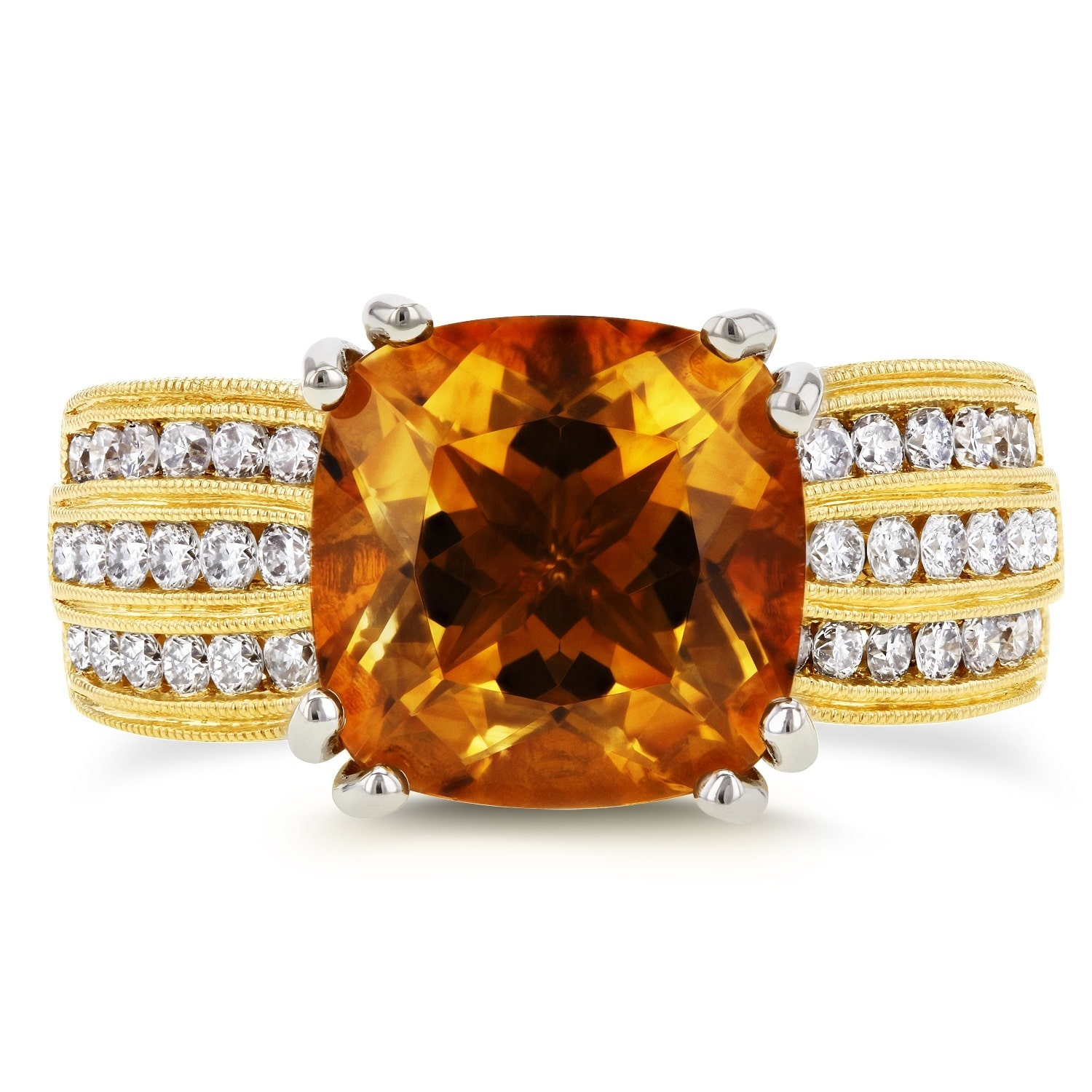 Gold Cushion with a Bright Orange Citrine and a Sparkling 1.2ct of Diamonds in a Multi-Row Channel Design from Yaffie.