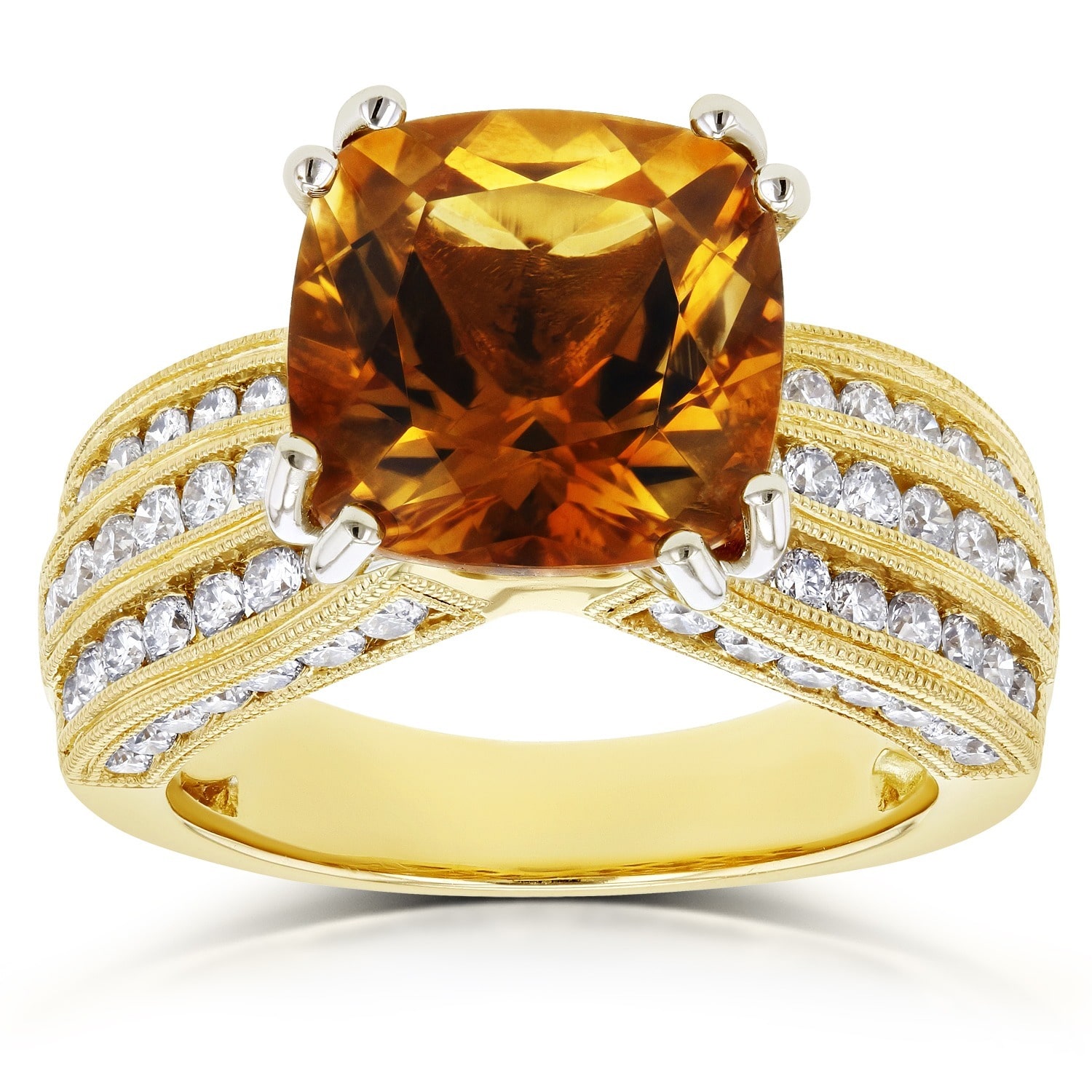 Gold Cushion with a Bright Orange Citrine and a Sparkling 1.2ct of Diamonds in a Multi-Row Channel Design from Yaffie.