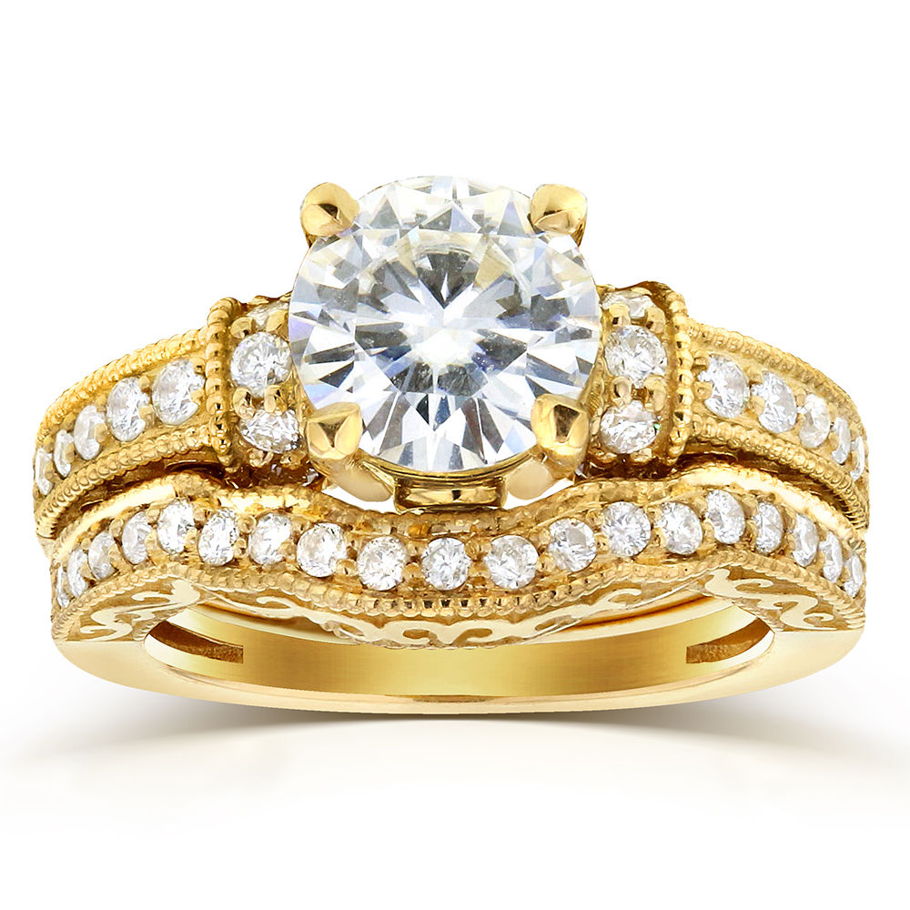 Antique Bridal Ring Set with Yaffie Gold Moissanite and 3/5ct TDW Diamonds