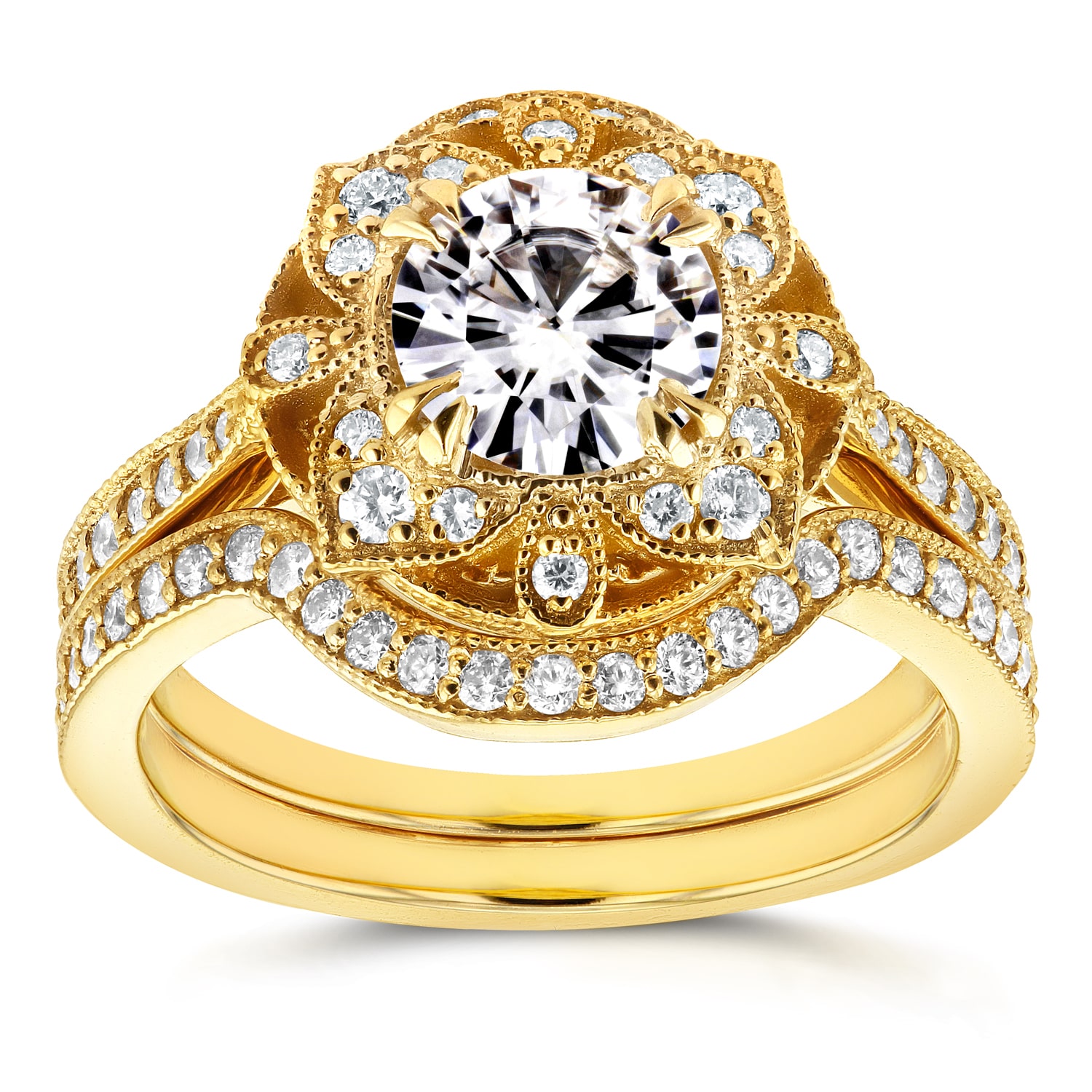 Antique Floral Bridal Set with Yaffie Gold Moissanite and Diamond Accents