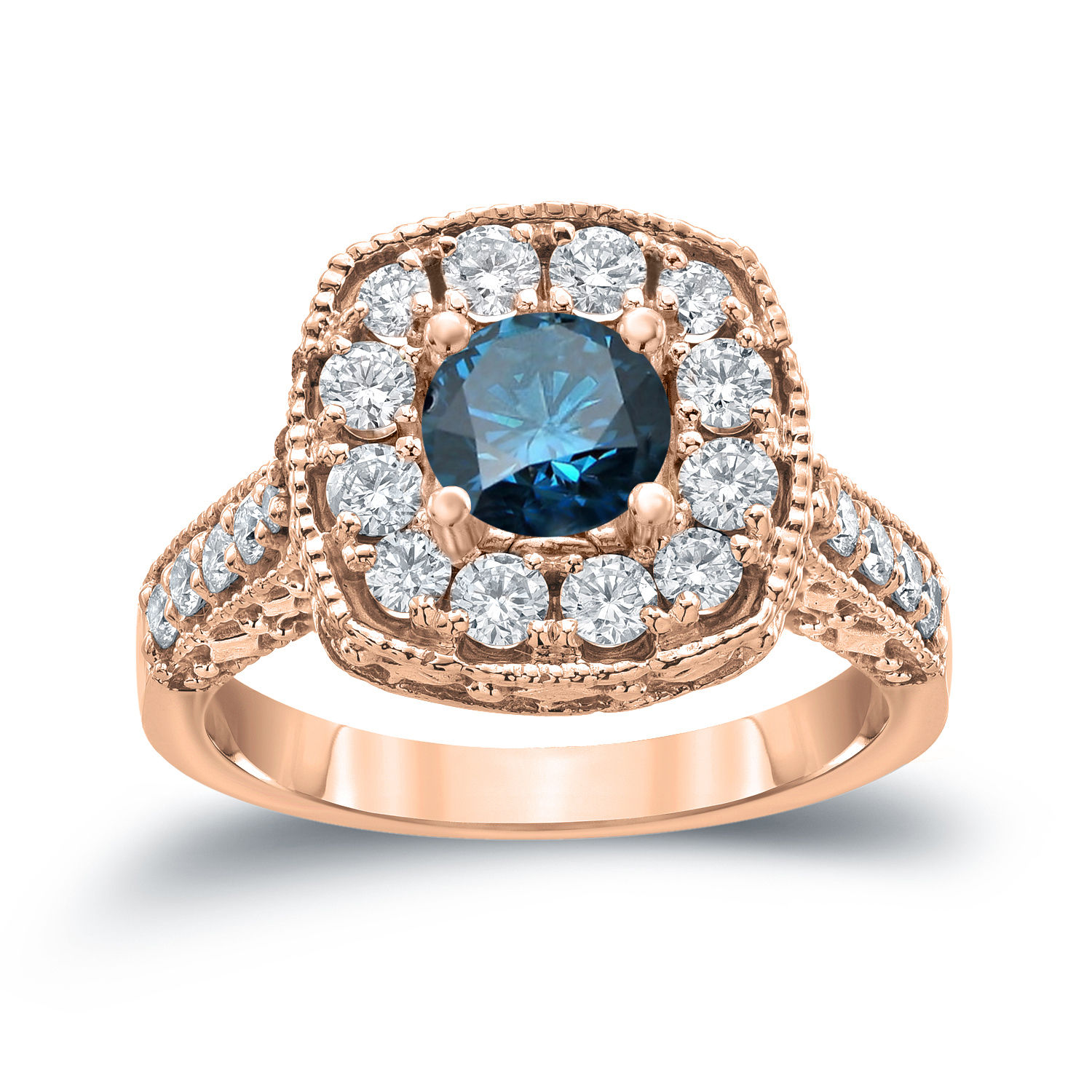 Blue Round Diamond Halo Engagement Ring - Yaffie Gold, 1.5ct Total Diamond Weight