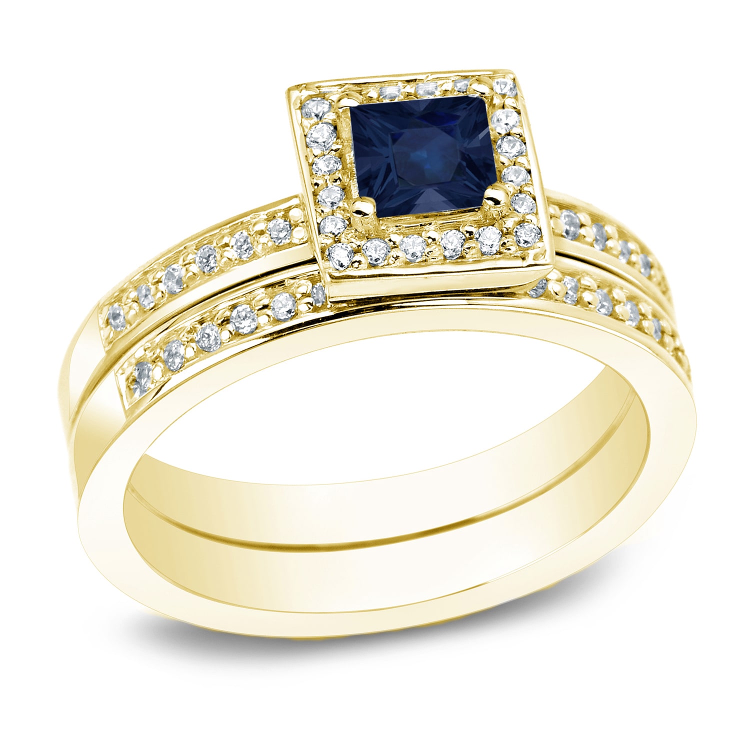 Blue Sapphire and Diamond Halo Engagement Ring by Yaffie Gold (1/2 ct and 1 ct TDW)