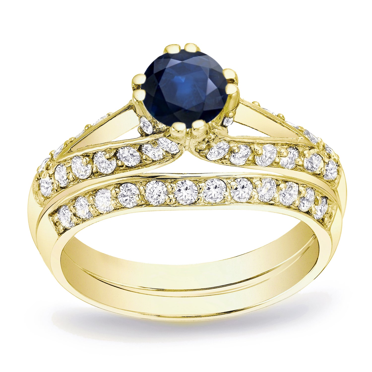 Gold Bridal Ring Set with 1/2ct Blue Sapphire &amp; 3/4ct Total Diamond Weight