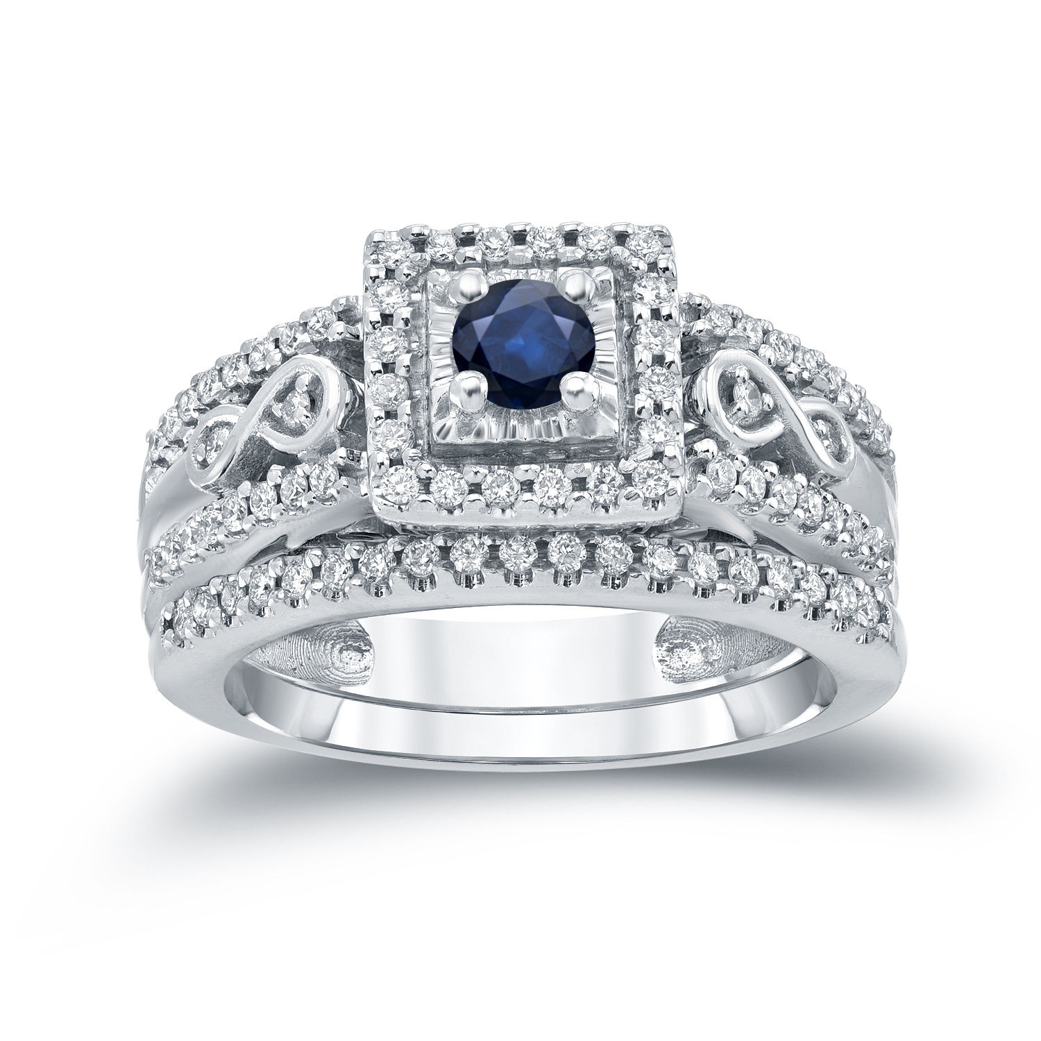 Blue Sapphire and Diamond Bridal Ring Set with Yaffie Gold Accent