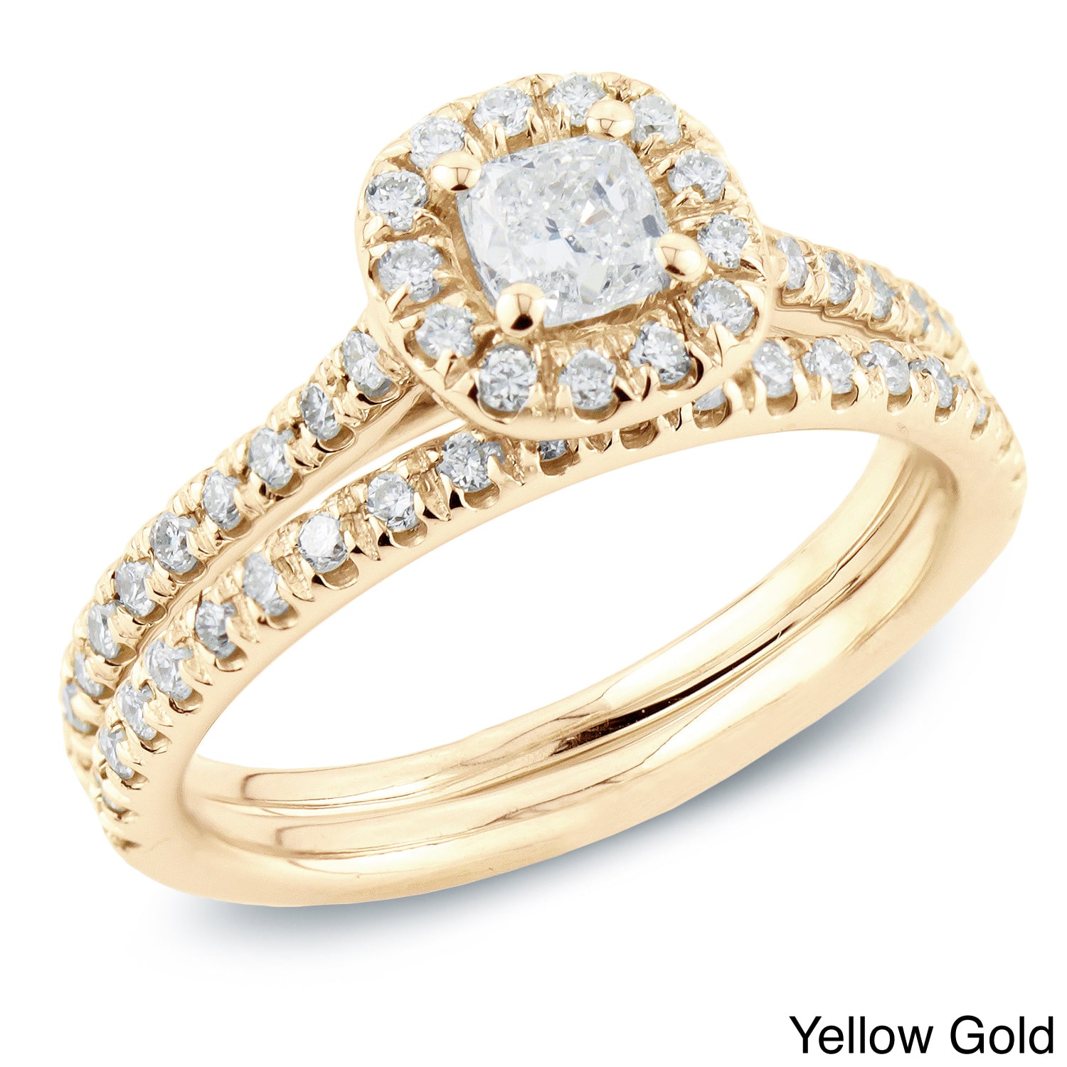 Certified Cushion-Cut Diamond Halo Engagement Ring Set with 1ct TDW in Yaffie Gold