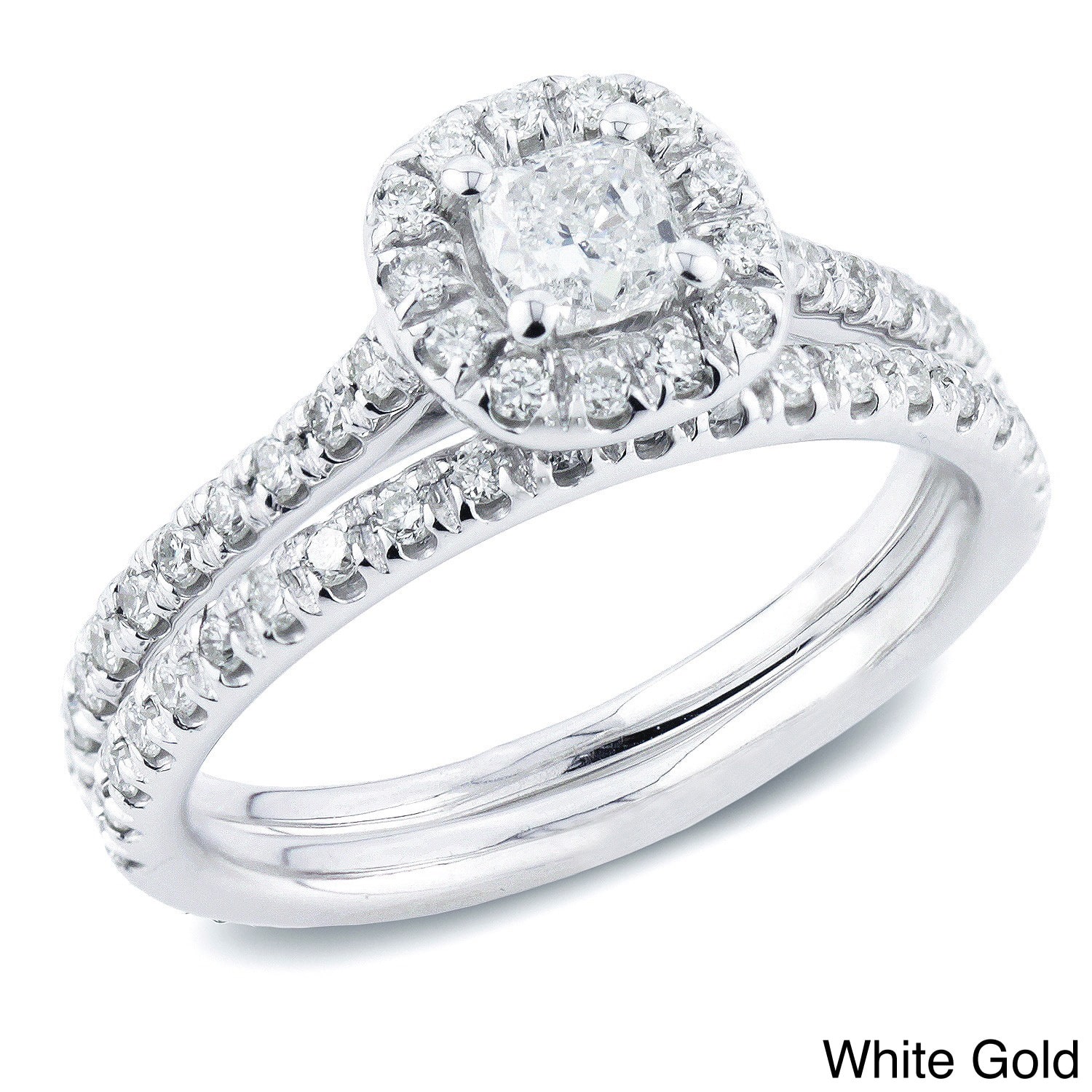 Certified Cushion-Cut Diamond Halo Engagement Ring Set with 1ct TDW in Yaffie Gold