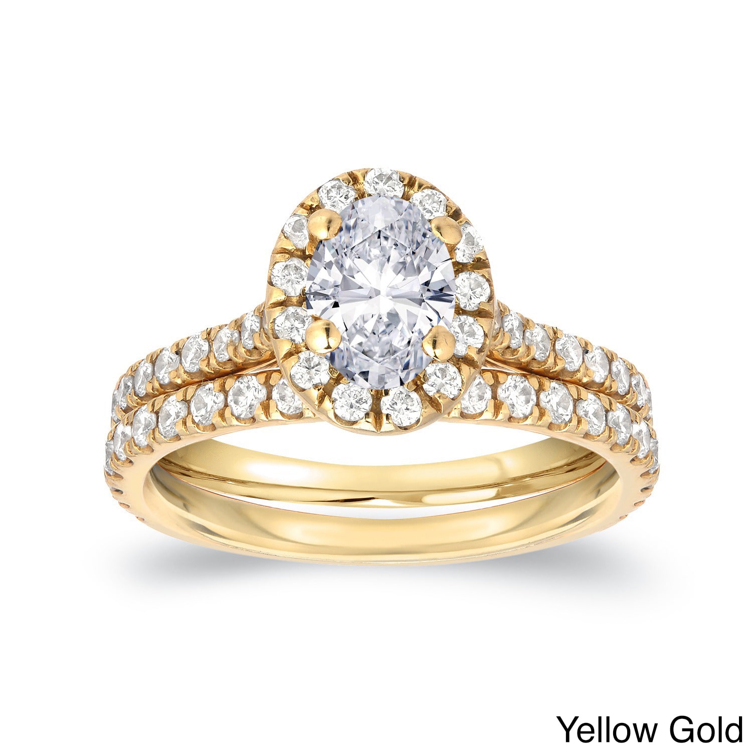 Yaffie Gold Oval Diamond Halo Bridal Ring Set with a Sparkling 1ct Total Diamond Weight.