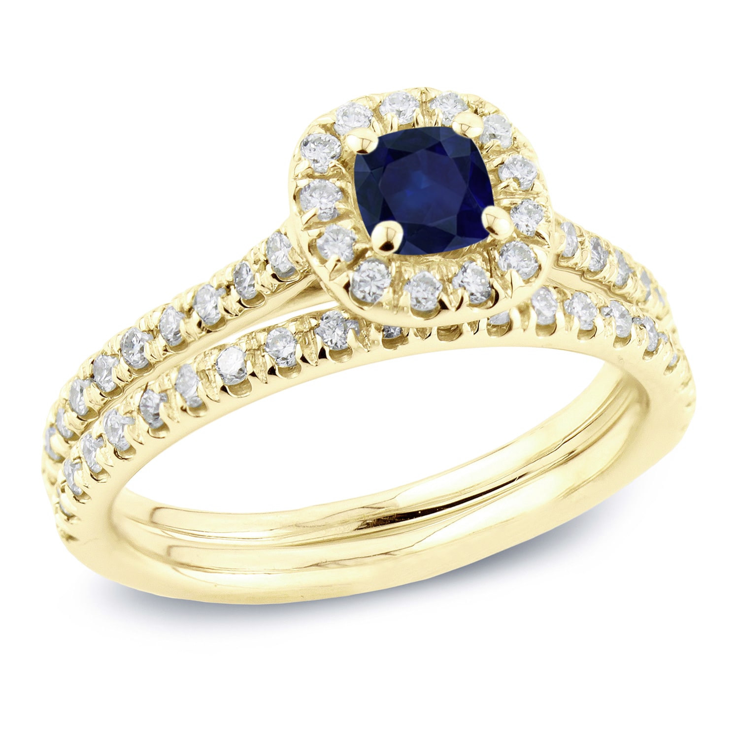 Blue Sapphire &amp; Diamond Bridal Ring Set - Yaffie Gold