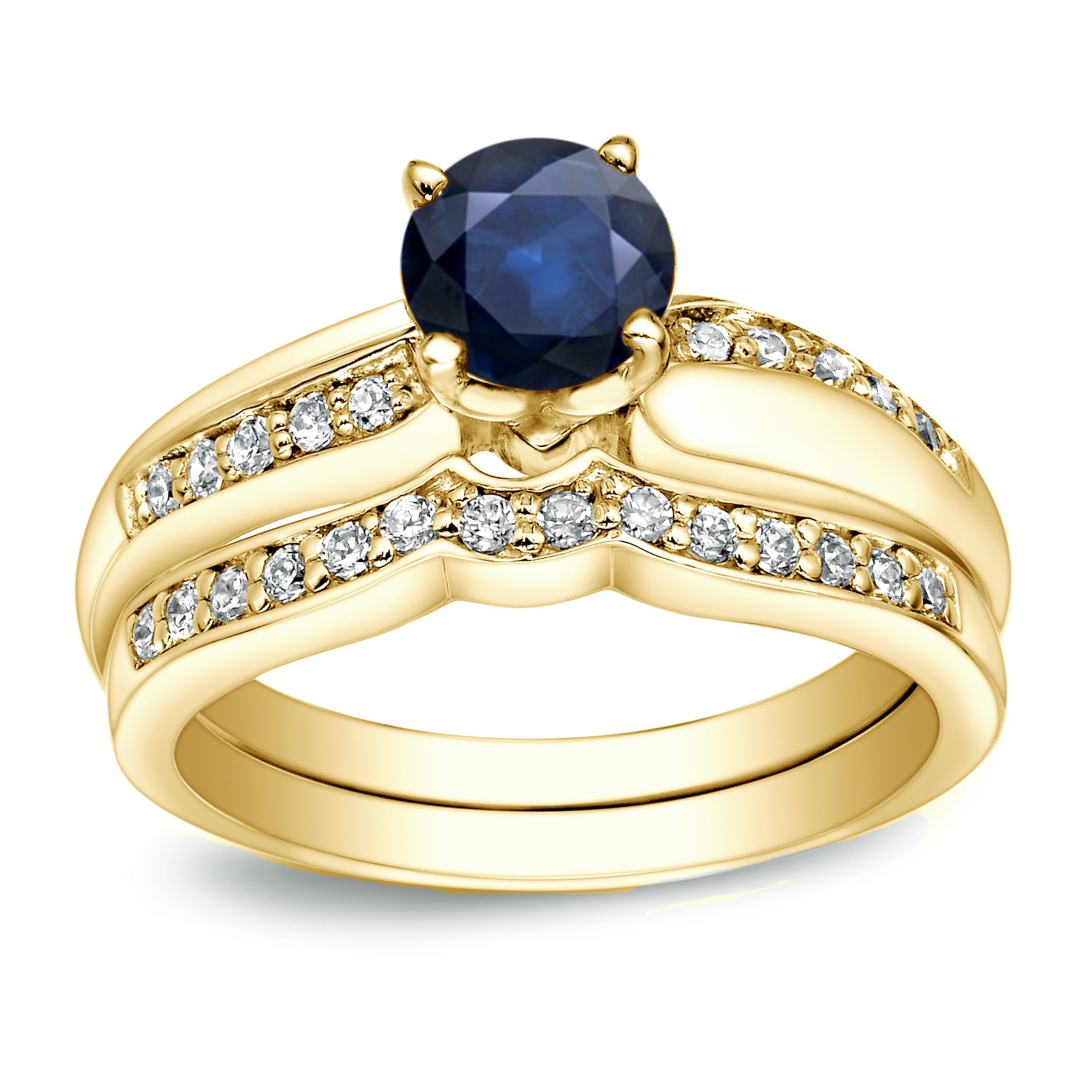 Blue Sapphire and Round Diamond Bridal Ring Set with Yaffie Gold, totaling 1ct TDW