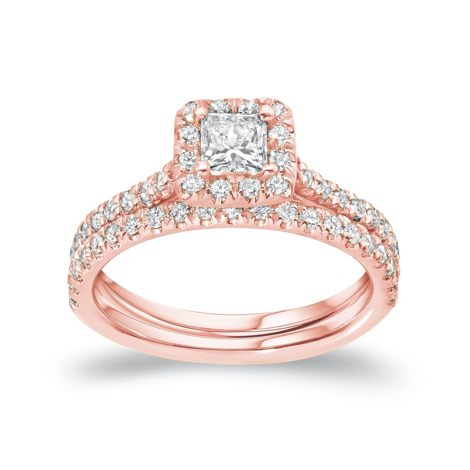 Certified Princess Diamond Halo Bridal Ring Set - Yaffie Rose Gold, 1ct TDW