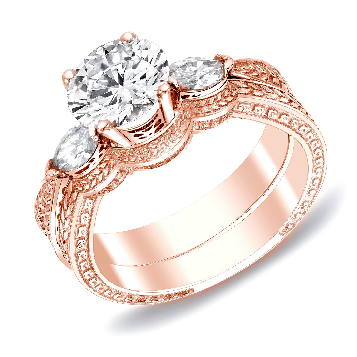Certified Diamond Wheat Carved Bridal Ring Set with Yaffie Rose Gold 3-Stone Sparkle (4/5 ct TDW).
