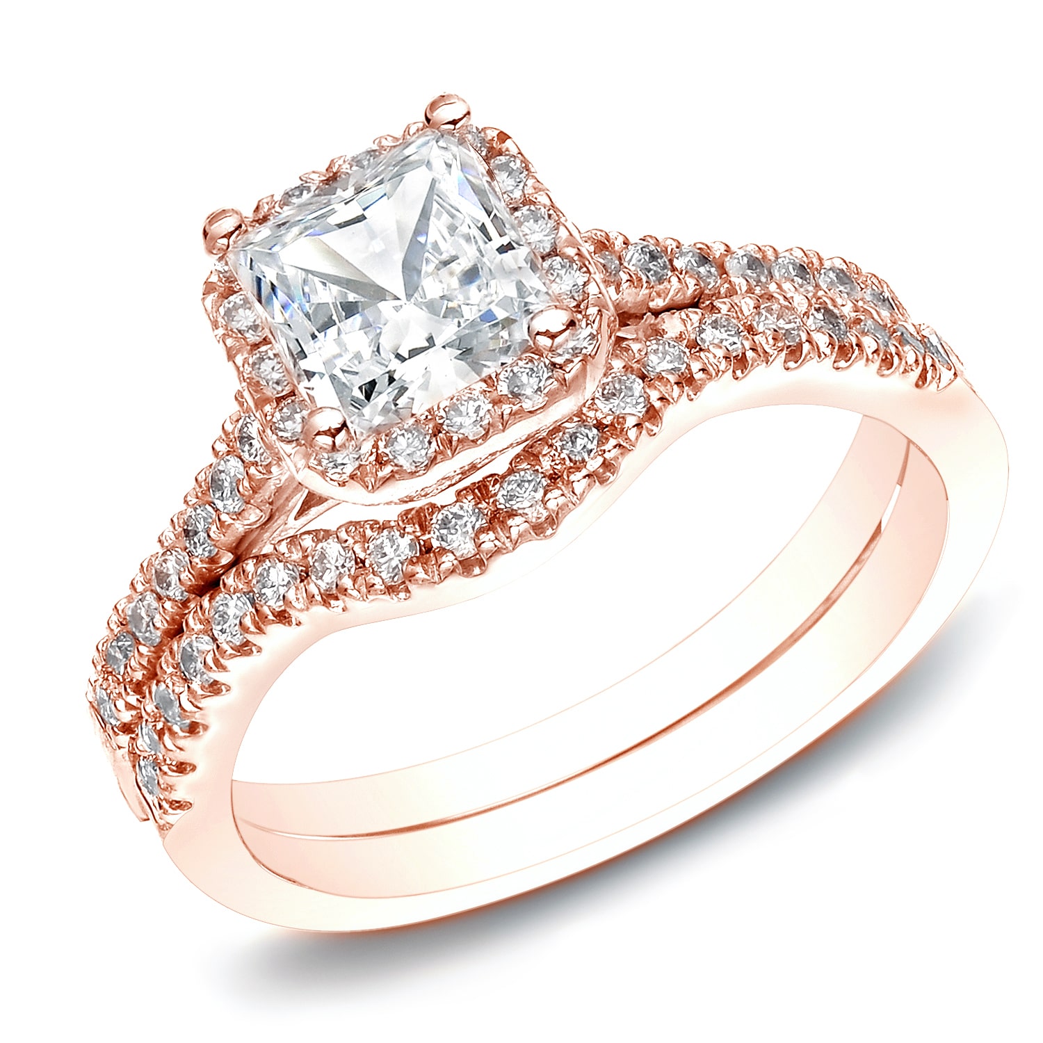 The Yaffie RoseGold Engagement Wedding Ring Set with 1 1/5ct TDW Princess-Cut Diamond Halo.