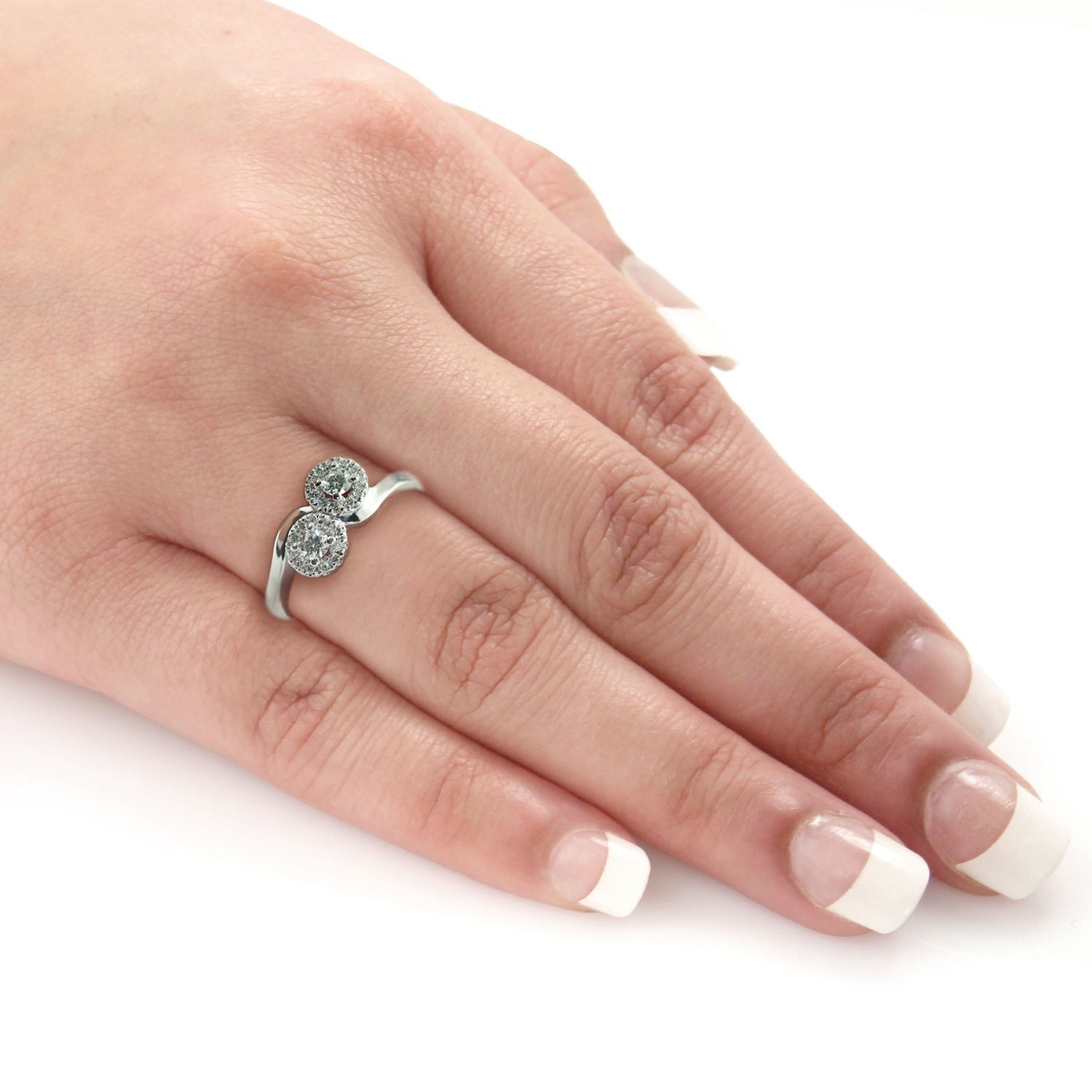Sparkling Yaffie 2-Stone Round Cut Diamond Halo Ring in White Gold, 1/2ct Total Diamond Weight
