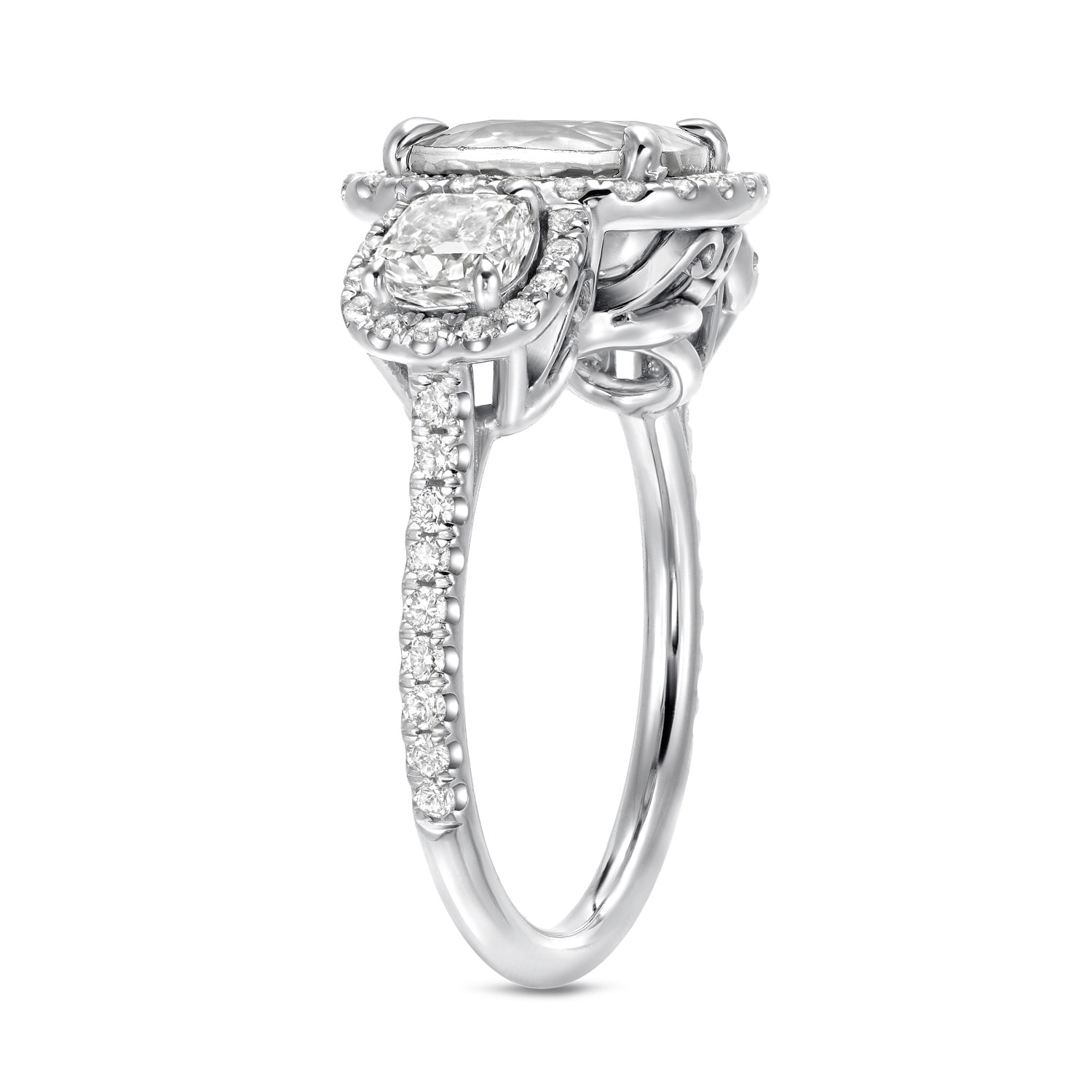 Certified Cushion Cut Diamond Halo 3-Stone Engagement Ring - Yaffie White Gold 4 2/5ct TDW