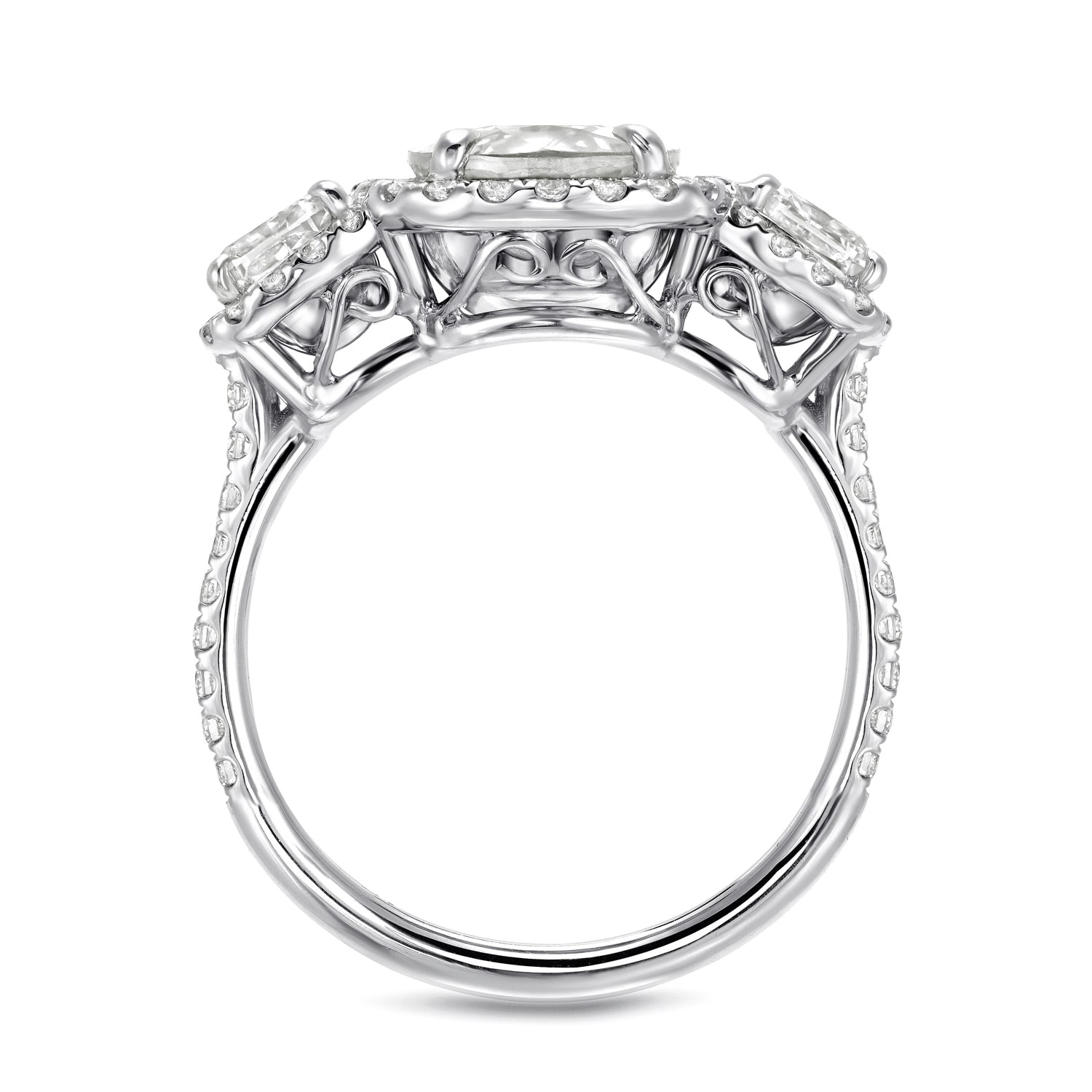 Certified Cushion Cut Diamond Halo 3-Stone Engagement Ring - Yaffie White Gold 4 2/5ct TDW