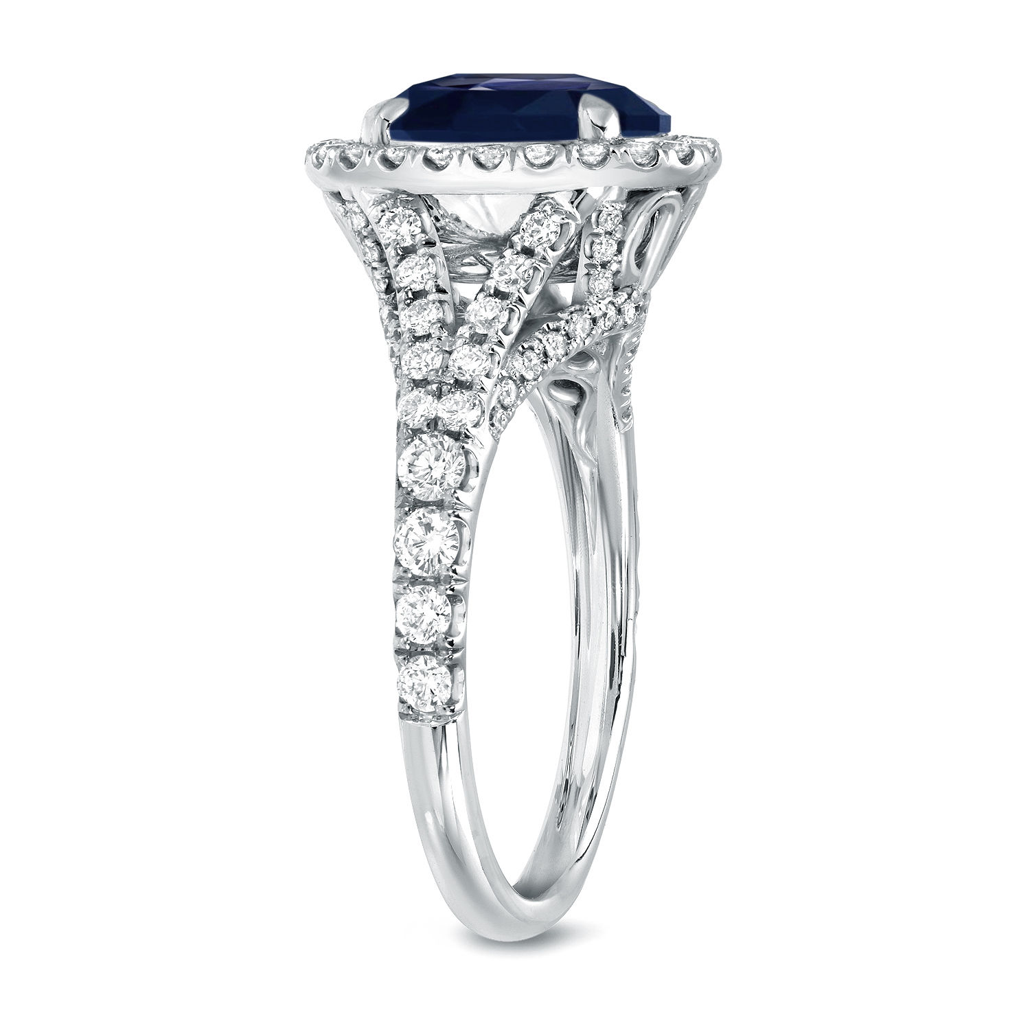Blue Sapphire &amp; Diamond Halo Ring - White Gold (2ct &amp; 1ct TDW) by Yaffie