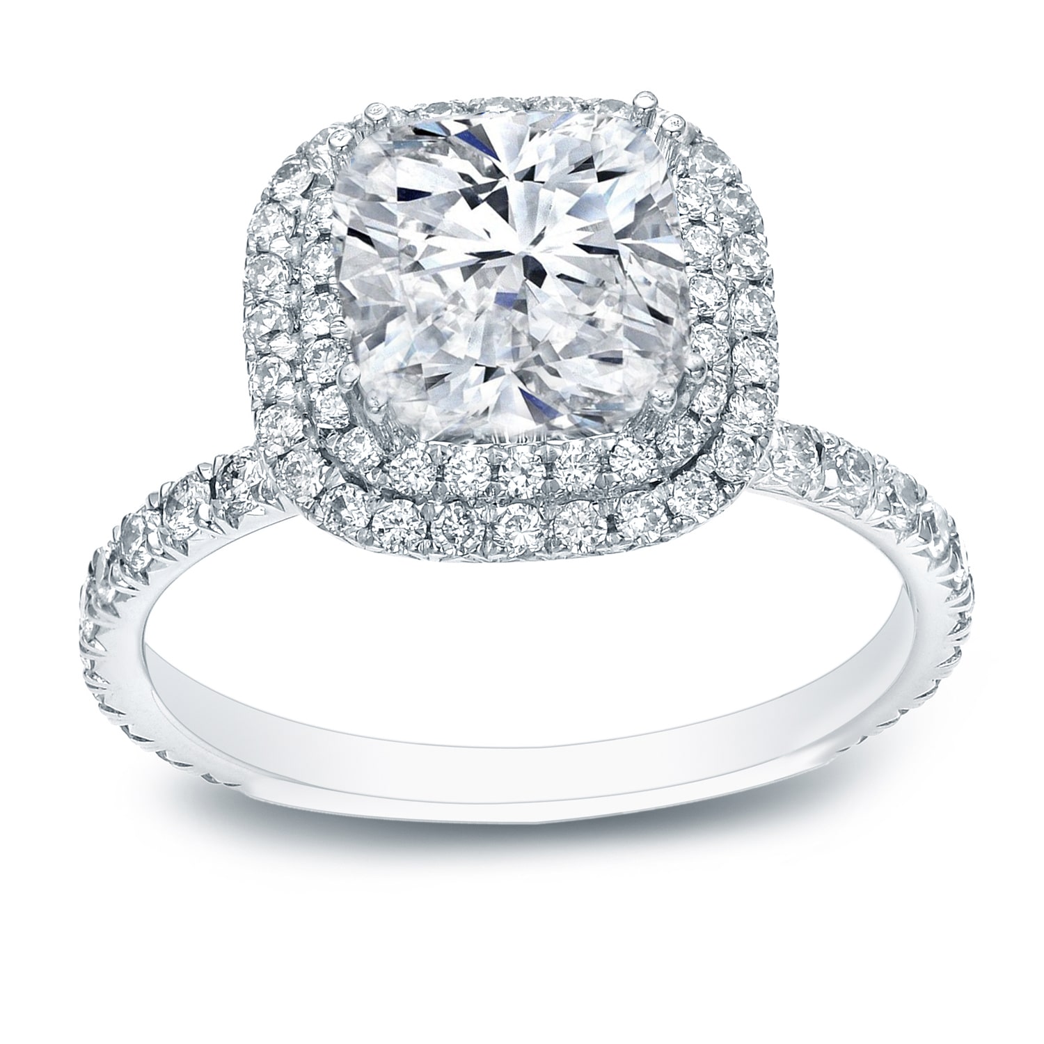 Sparkling Yaffie Engagement Ring with Cushion-Cut Diamonds and Double Halo in White Gold (3ct TDW, Certified)