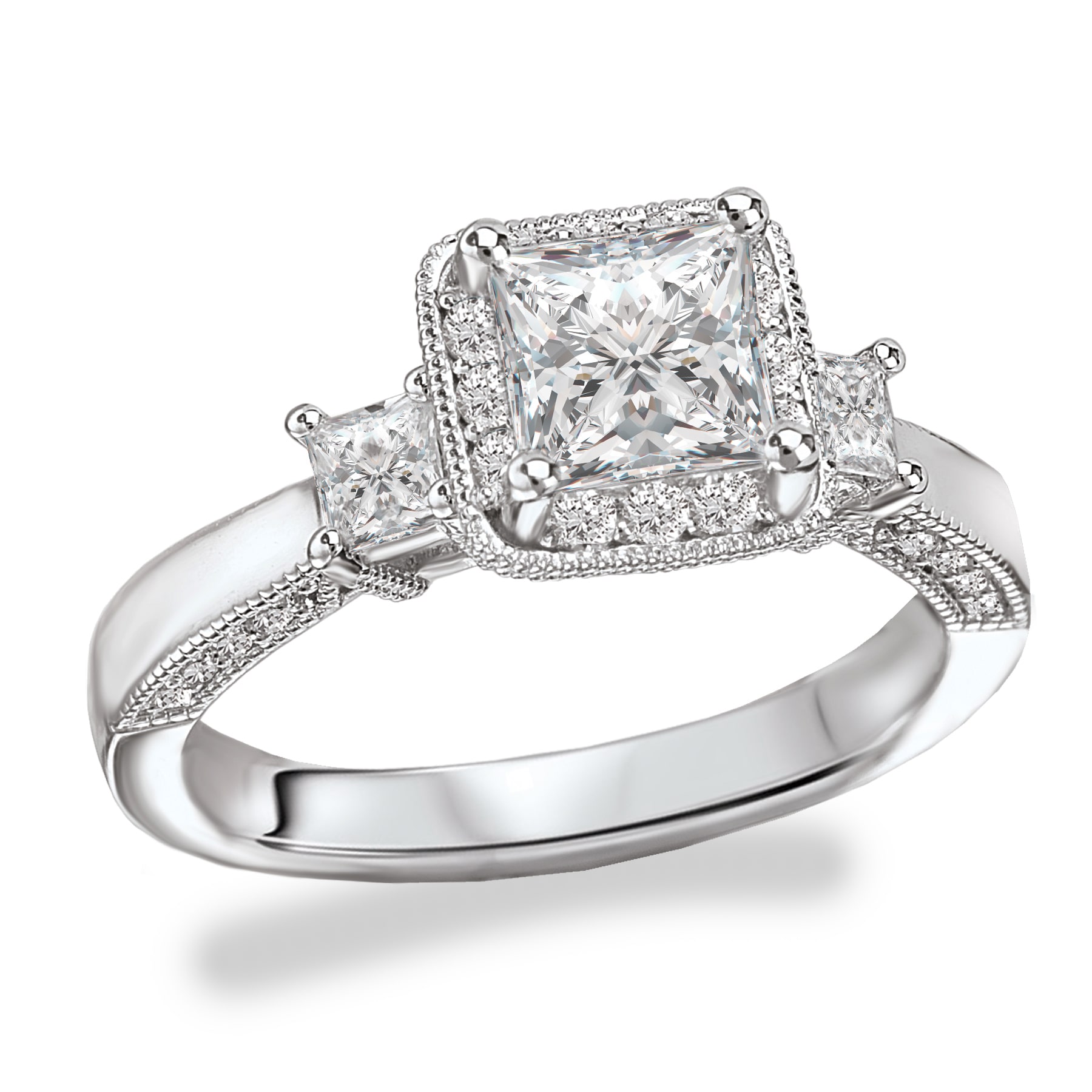 Sparkling Rhodium Plated Sterling Silver Bridal Set with Princess Cut Centerpiece and Halo Design Cubic Zirconia Stones by Yaffie