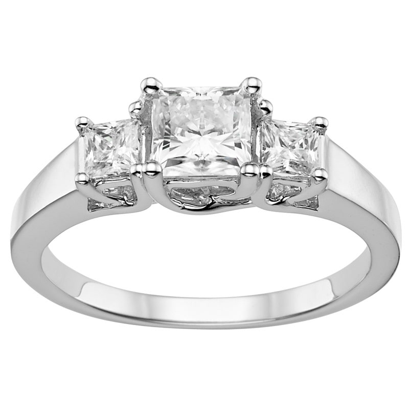 Gold 3-Stone Ring with 1.12 TGW Square Brilliant Moissanite by Yaffie Charles &amp; Colvard