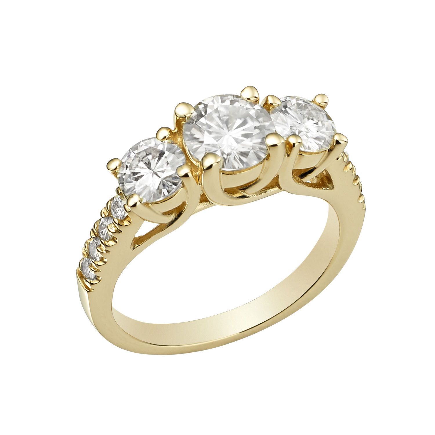 Gold 3-Stone Ring with Brilliant Moissanite Totaling 2.24 Carats by Yaffie Charles &amp; Colvard.