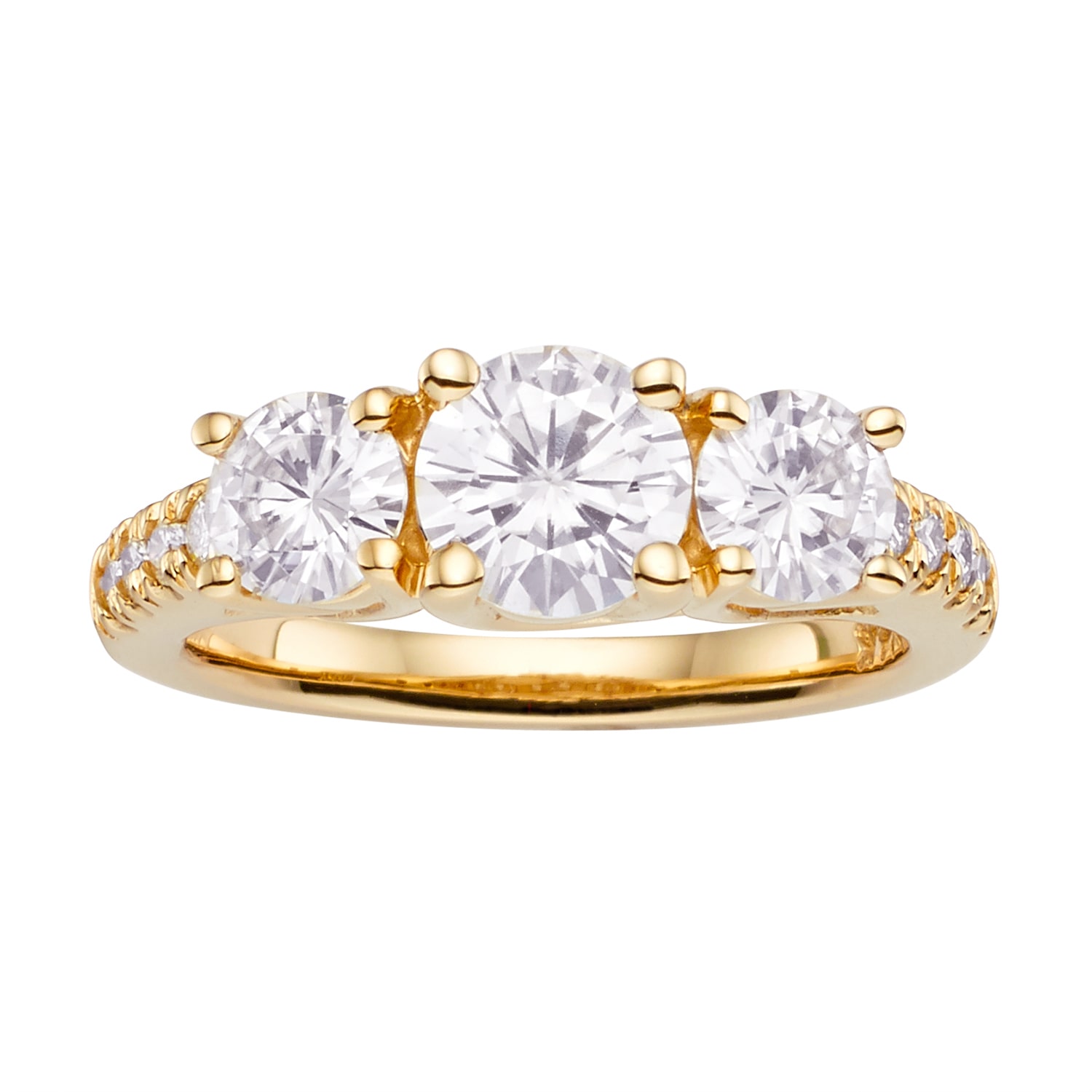 Gold 3-Stone Ring with Brilliant Moissanite Totaling 2.24 Carats by Yaffie Charles &amp; Colvard.