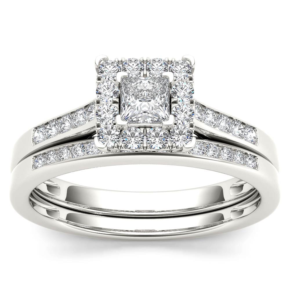 White Gold Engagement Ring with Diamond Halo and Matching Band - Half Carat Total Weight