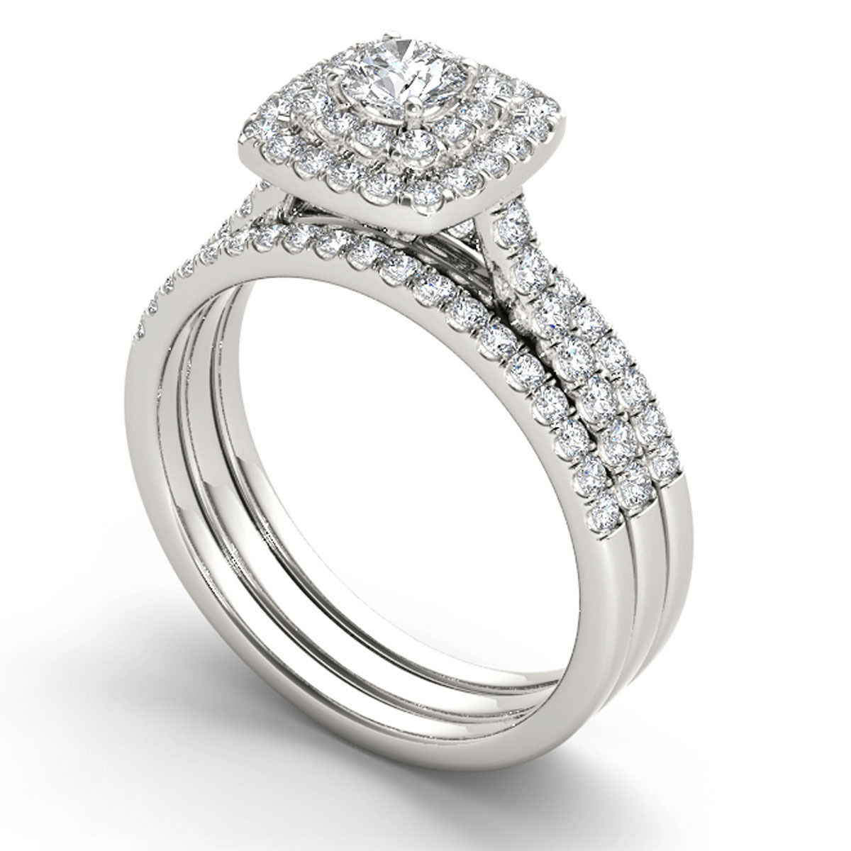 Double Halo Trilogy Engagement Ring Set in Cushion Shape with 1ct TDW Diamond - Yaffie White Gold