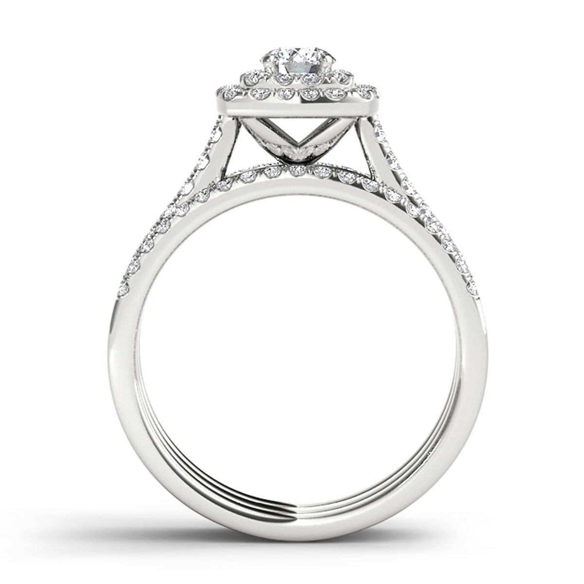 Double Halo Trilogy Engagement Ring Set in Cushion Shape with 1ct TDW Diamond - Yaffie White Gold