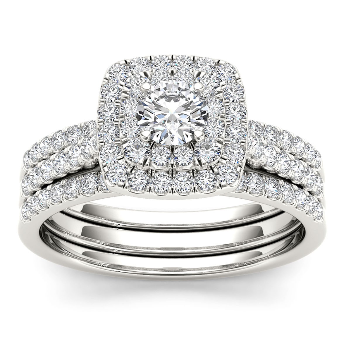 Double Halo Trilogy Engagement Ring Set in Cushion Shape with 1ct TDW Diamond - Yaffie White Gold