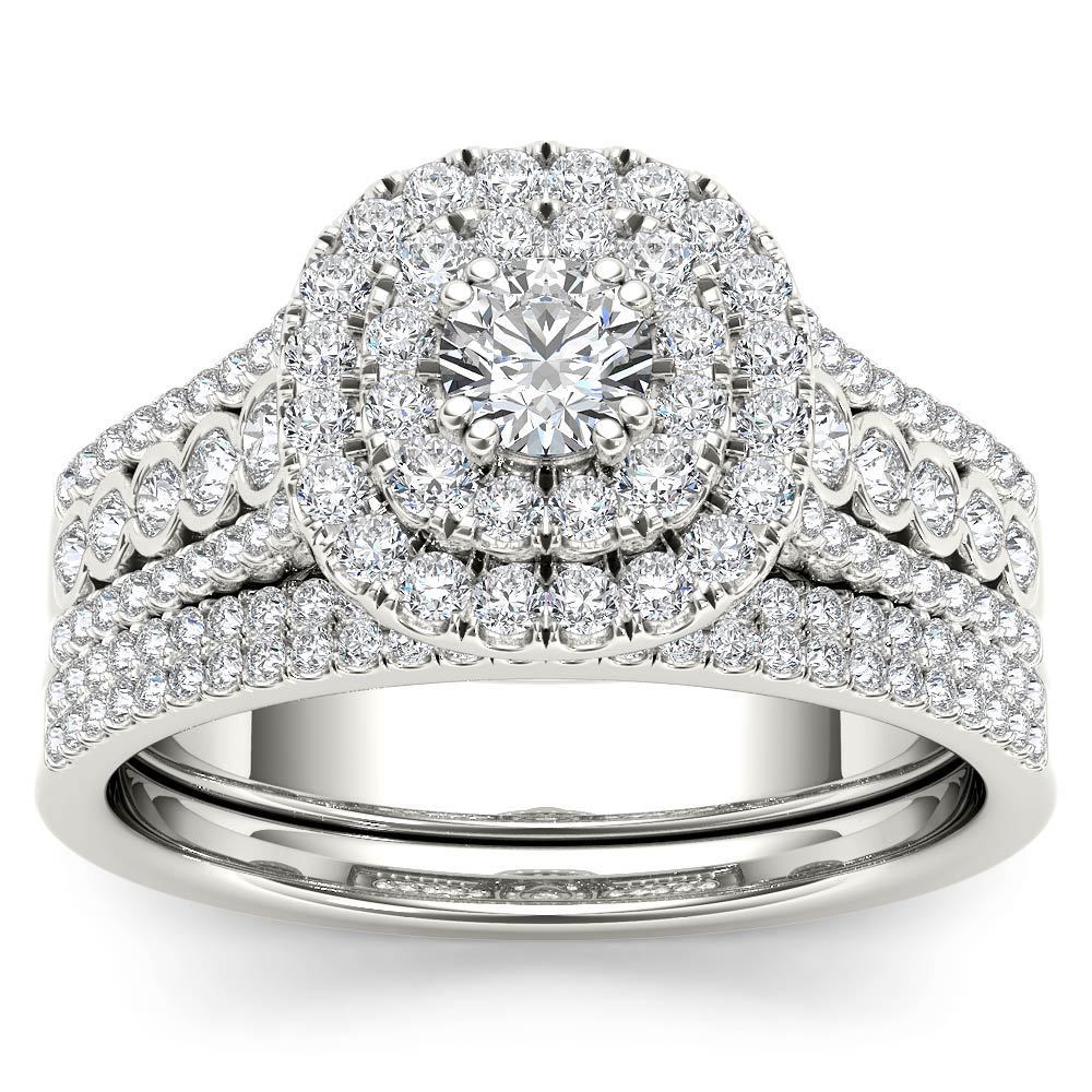 Sparkling Love: Yaffie White Gold Double Halo Engagement Ring Set with 1ct TDW Diamond and Matching Band