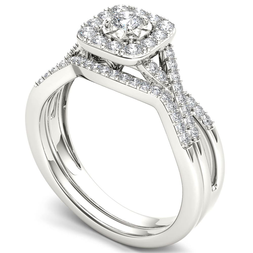 White Gold Diamond Halo Engagement Ring Set with Matching Band - Yaffie 2/5ct TDW