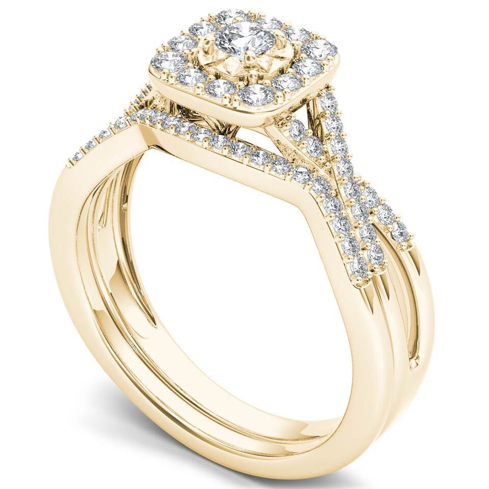 Yaffie 2/5ct TDW Diamond Halo Engagement Ring Set with a Single Band in Glorious Gold