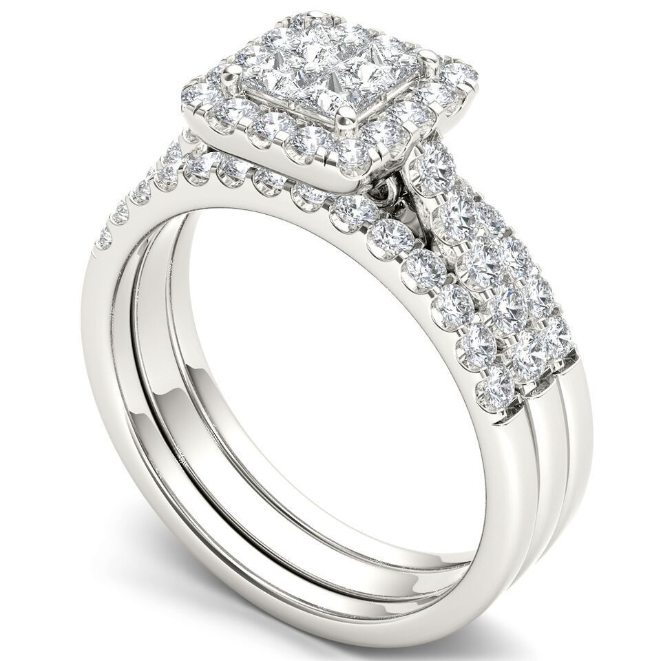Sparkling Yaffie Diamond Halo Engagement Ring Set with Twin Bands in White Gold, featuring 1 1/4ct TDW.