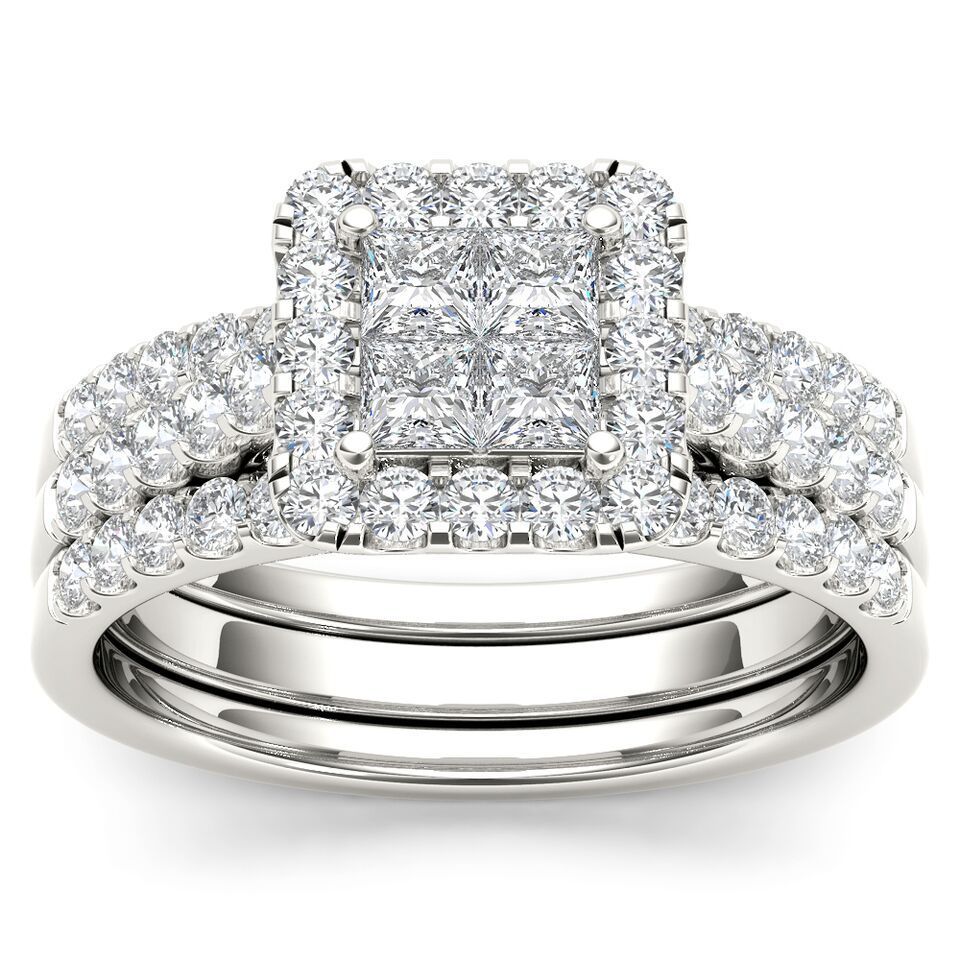 Sparkling Yaffie Diamond Halo Engagement Ring Set with Twin Bands in White Gold, featuring 1 1/4ct TDW.