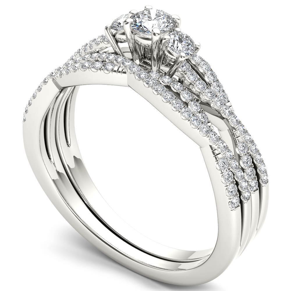 White Gold Diamond Anniversary Ring with 3 Stones and Matching Band, 1/2ct TDW