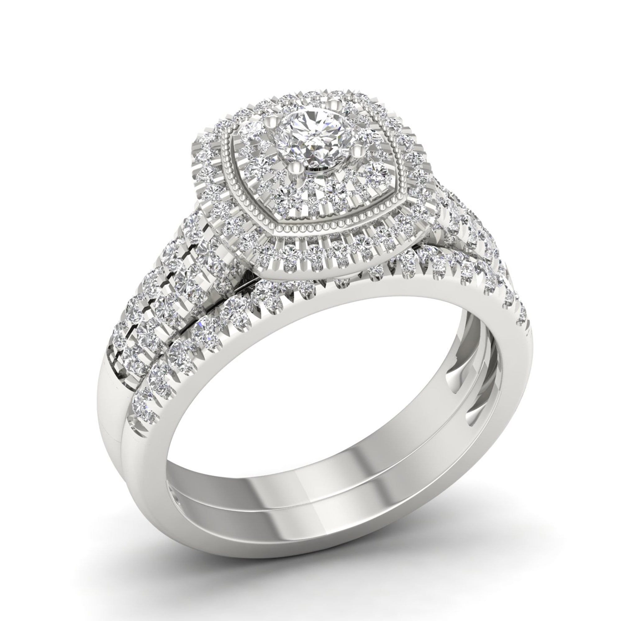 Yaffie White Gold Diamond Cluster Halo Bridal Set with 1 Carat Total Diamond Weight