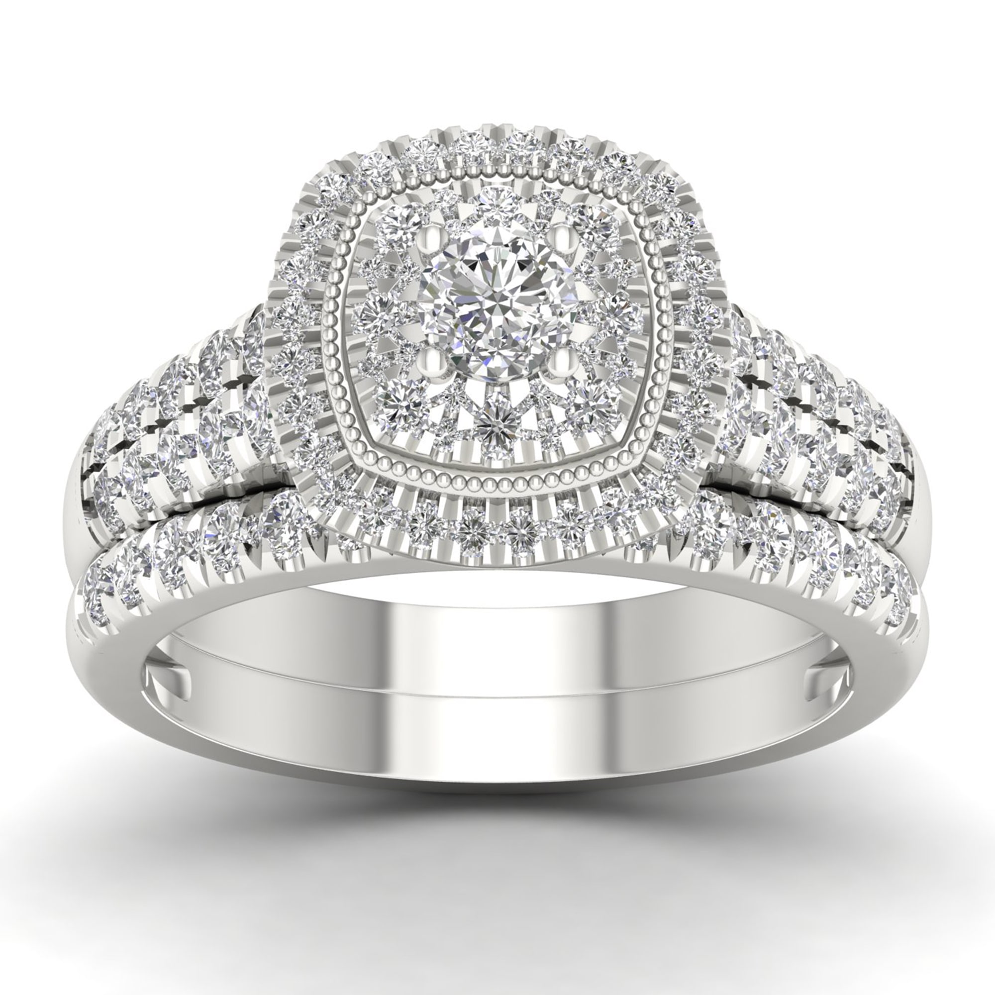 Yaffie White Gold Diamond Cluster Halo Bridal Set with 1 Carat Total Diamond Weight