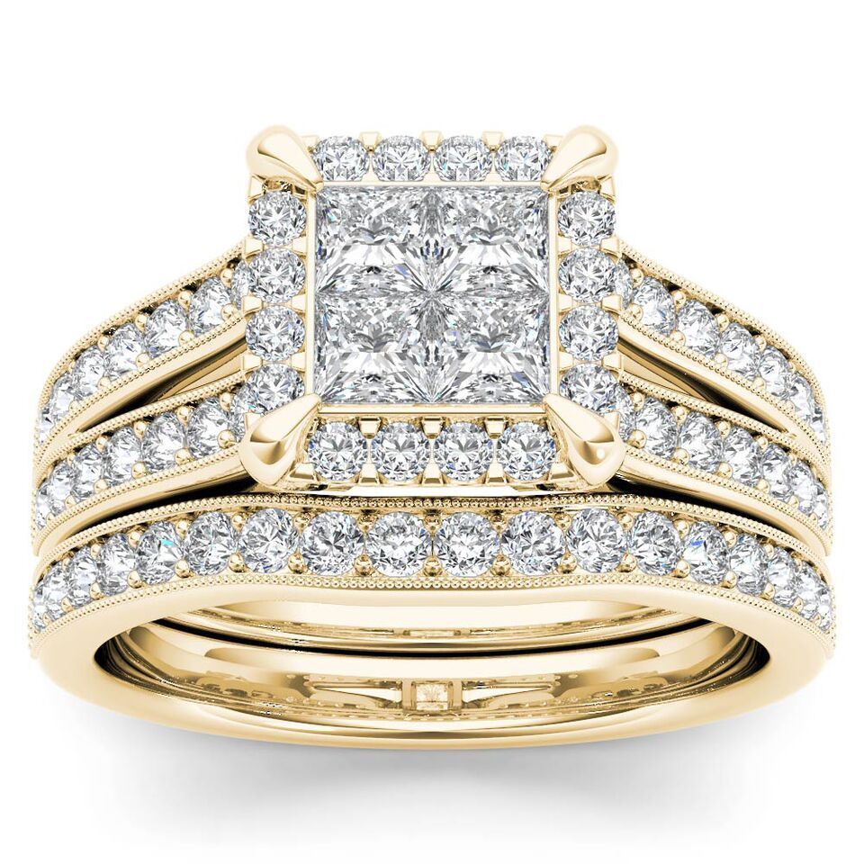 Golden Yaffie Diamond Halo Engagement Ring Set with Single Band, Totaling 1 1/2ct TDW