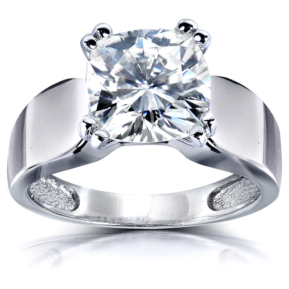 White Gold Cushion-cut Moissanite Solitaire Engagement Ring with Wide Round Band