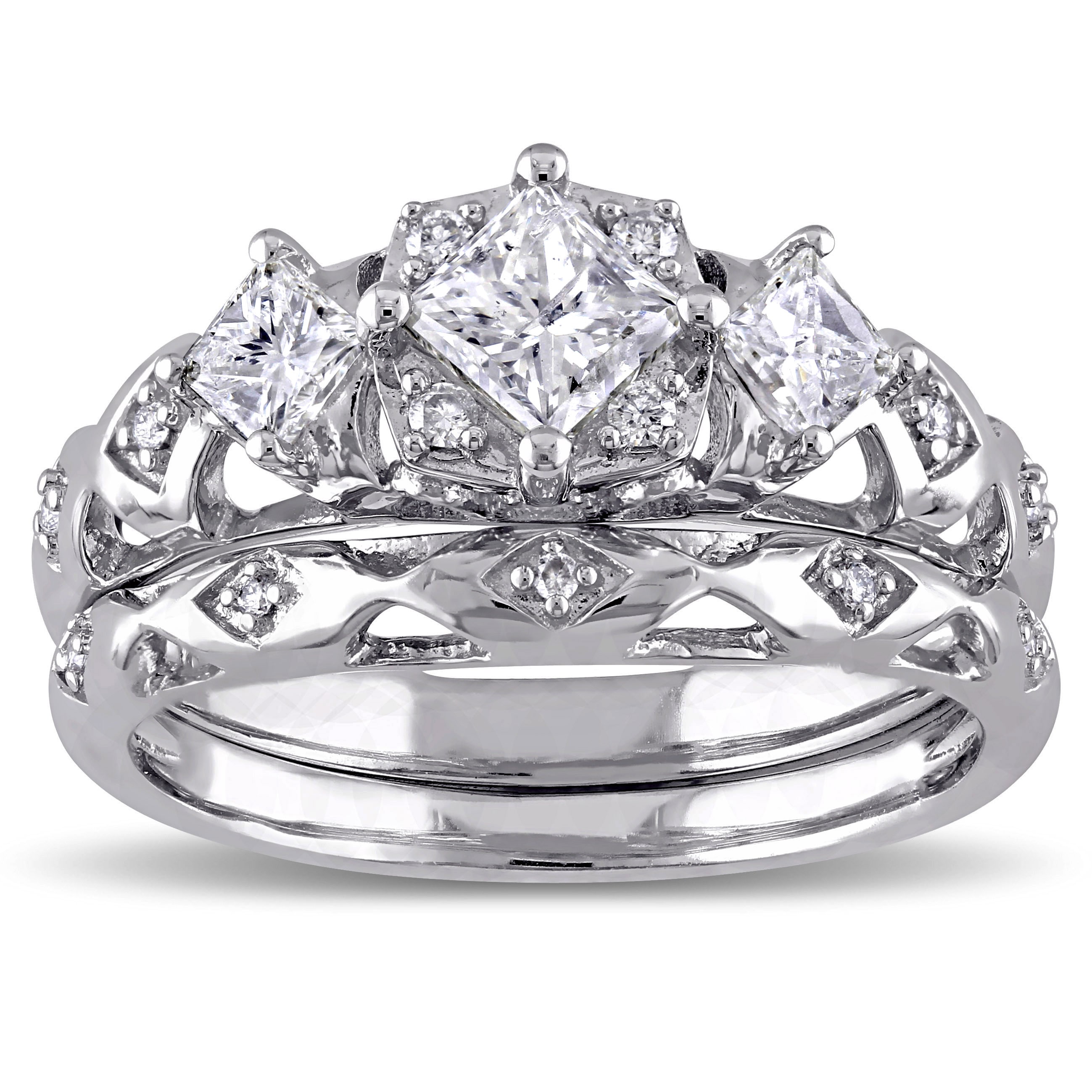 White Gold Bridal Ring Set with 1ct TDW Princess and Round-cut Diamonds and Intricate Milgrain Detail by Yaffie