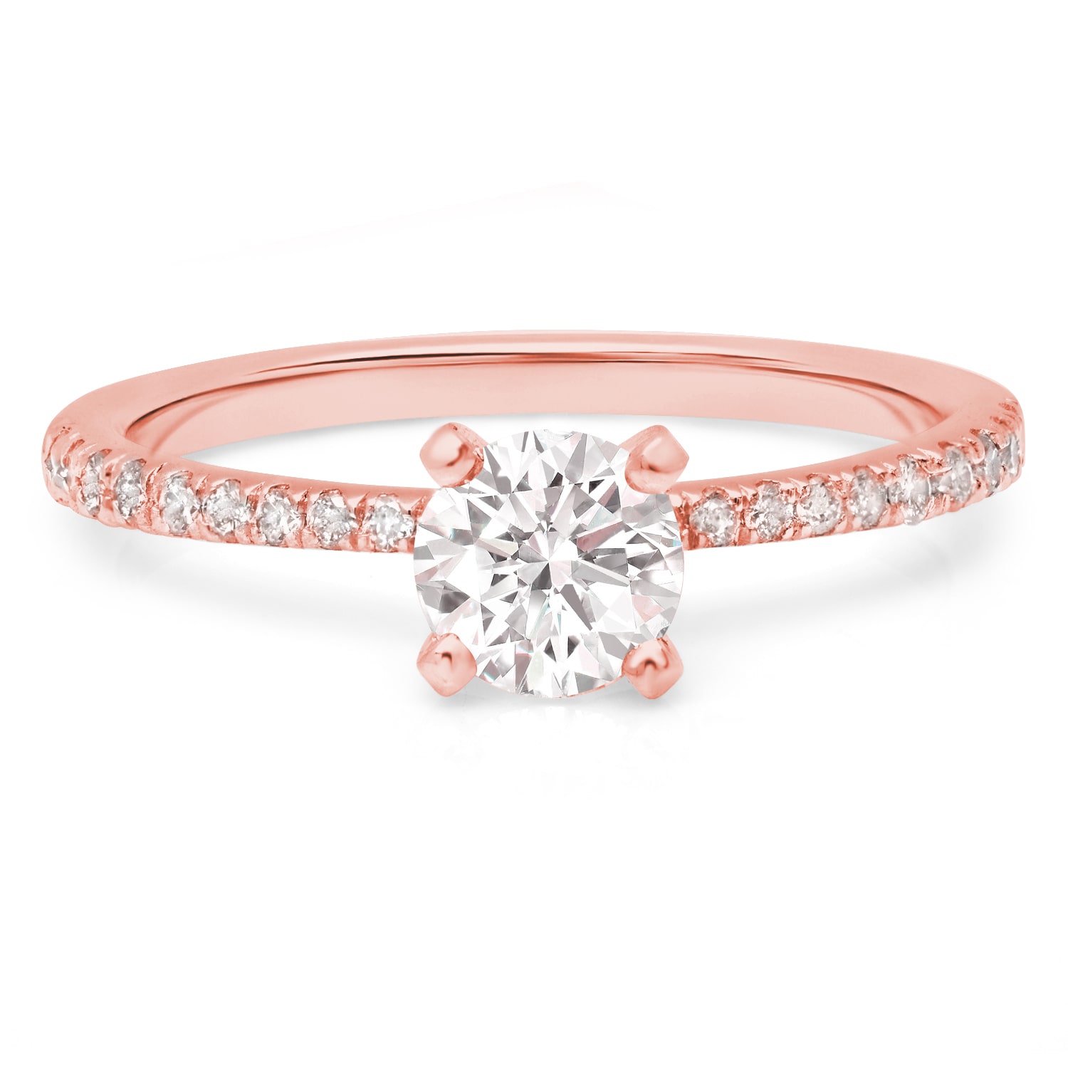 Petite Yaffie Engagement Ring with 0.80ct TDW Pave Set Round Solitaire Diamond in Thin, Tapered U Pave and 4 Prong Setting.