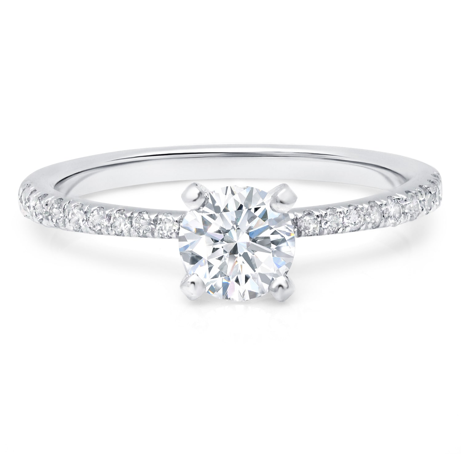 Petite Yaffie Engagement Ring with 0.80ct TDW Pave Set Round Solitaire Diamond in Thin, Tapered U Pave and 4 Prong Setting.