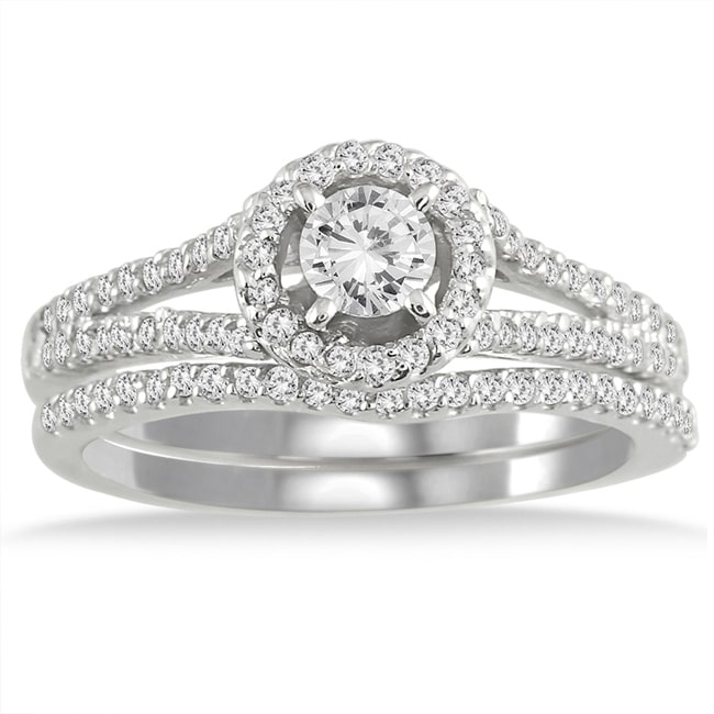 Sparkling Yaffie White Gold Bridal Ring Set with Dazzling 3/4ct TDW Diamond Halo