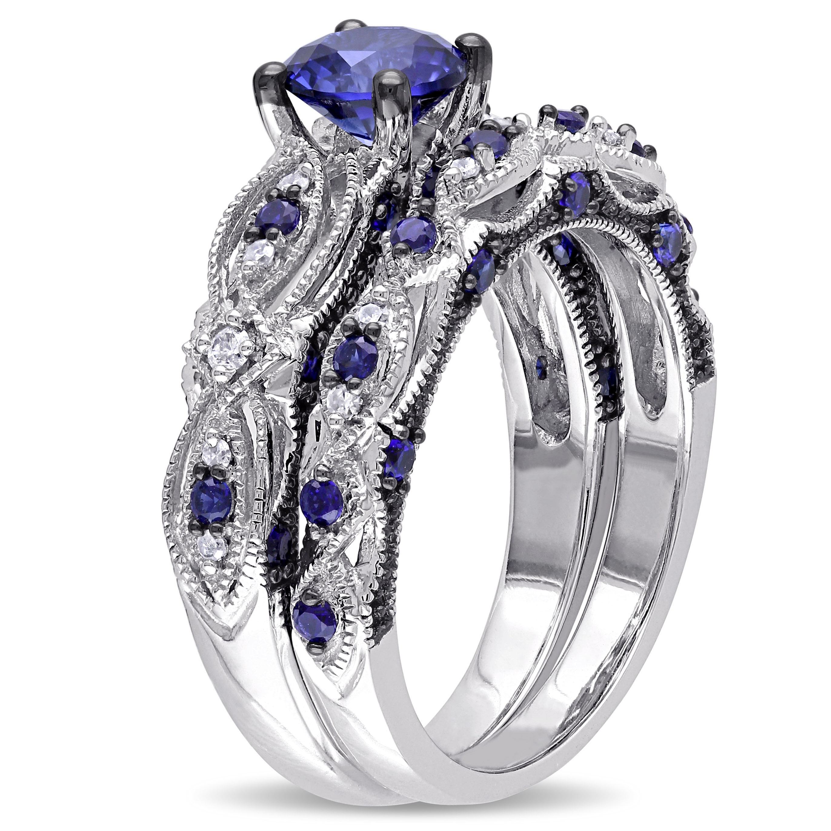 Yaffie Vintage Bridal Set with Blue Sapphire and Diamond Accents in White Gold