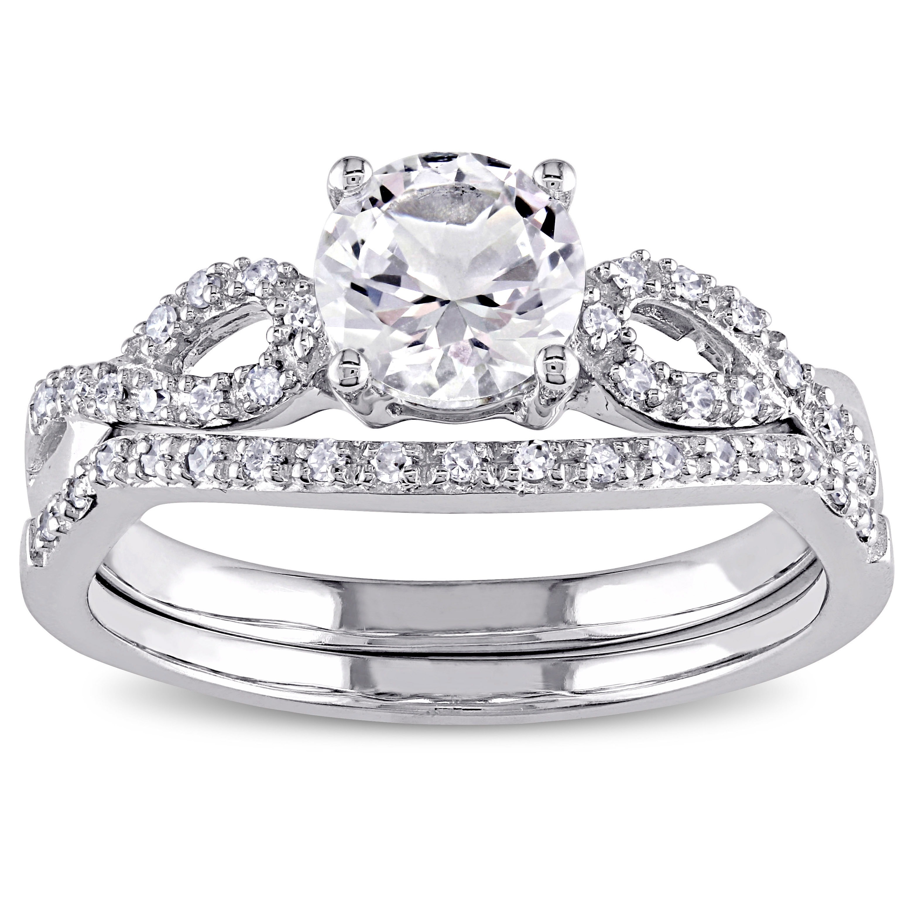 Sparkling White Gold Bridal Ring Set with Created White Sapphire and 1/6ct TDW Diamonds by Yaffie