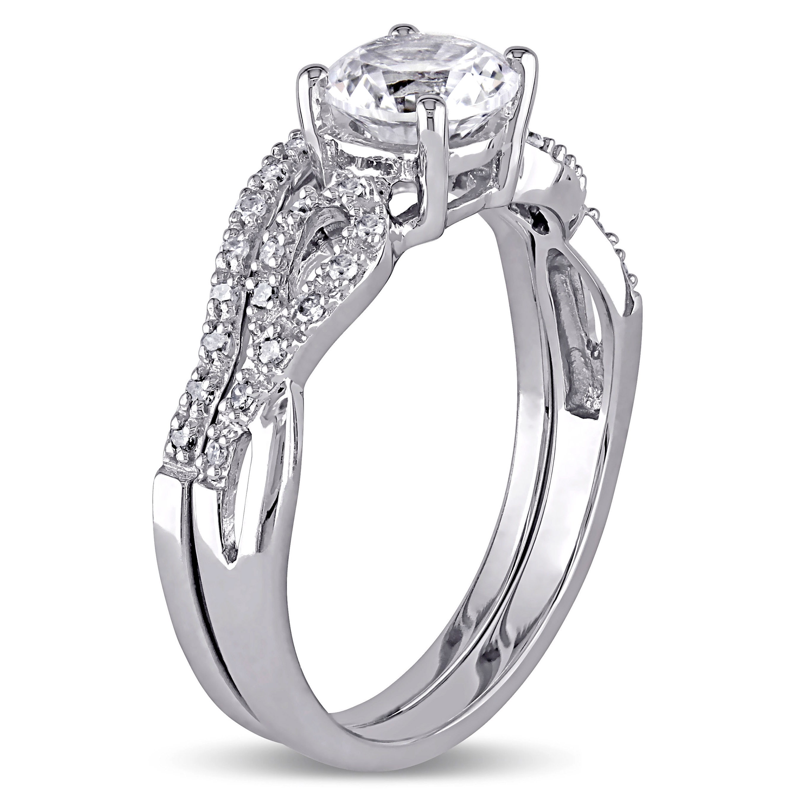 Sparkling White Gold Bridal Ring Set with Created White Sapphire and 1/6ct TDW Diamonds by Yaffie